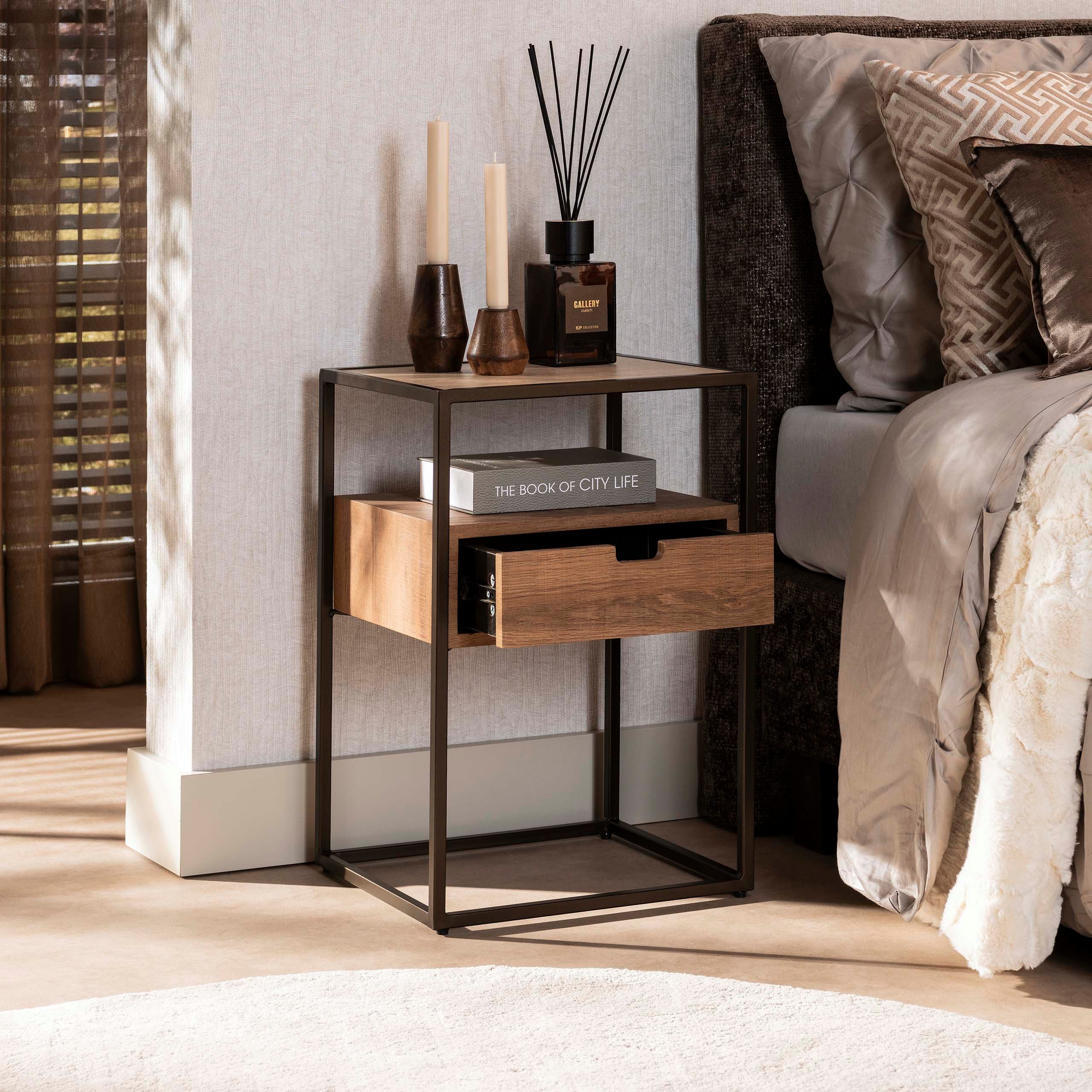 LEVEN Lifestyle Nachttisch ROBERTO Nachtkonsole Nachtschrank mit 1 Schublade Travertin Look, Tischplatte aus Keramik im Travertin Look
