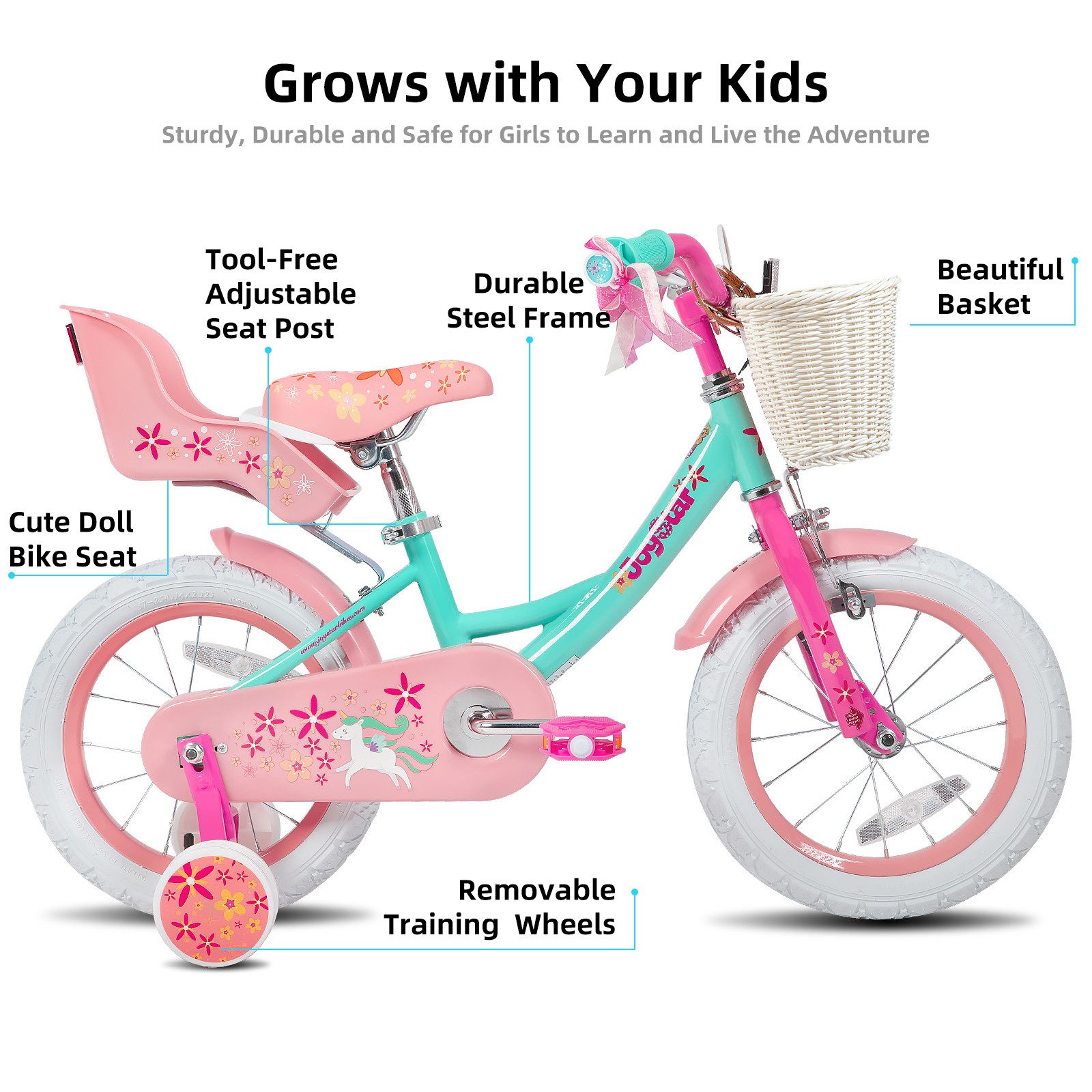 JOYSTAR Children's Bicycle 12 14 16 18 inch Girls' Bicycle, 3 - 9 Years, Gift for Princess, 1 Speed, Doll Bike Seat & Training Wheels & Basket Streamer, 18 inch with Training Wheels