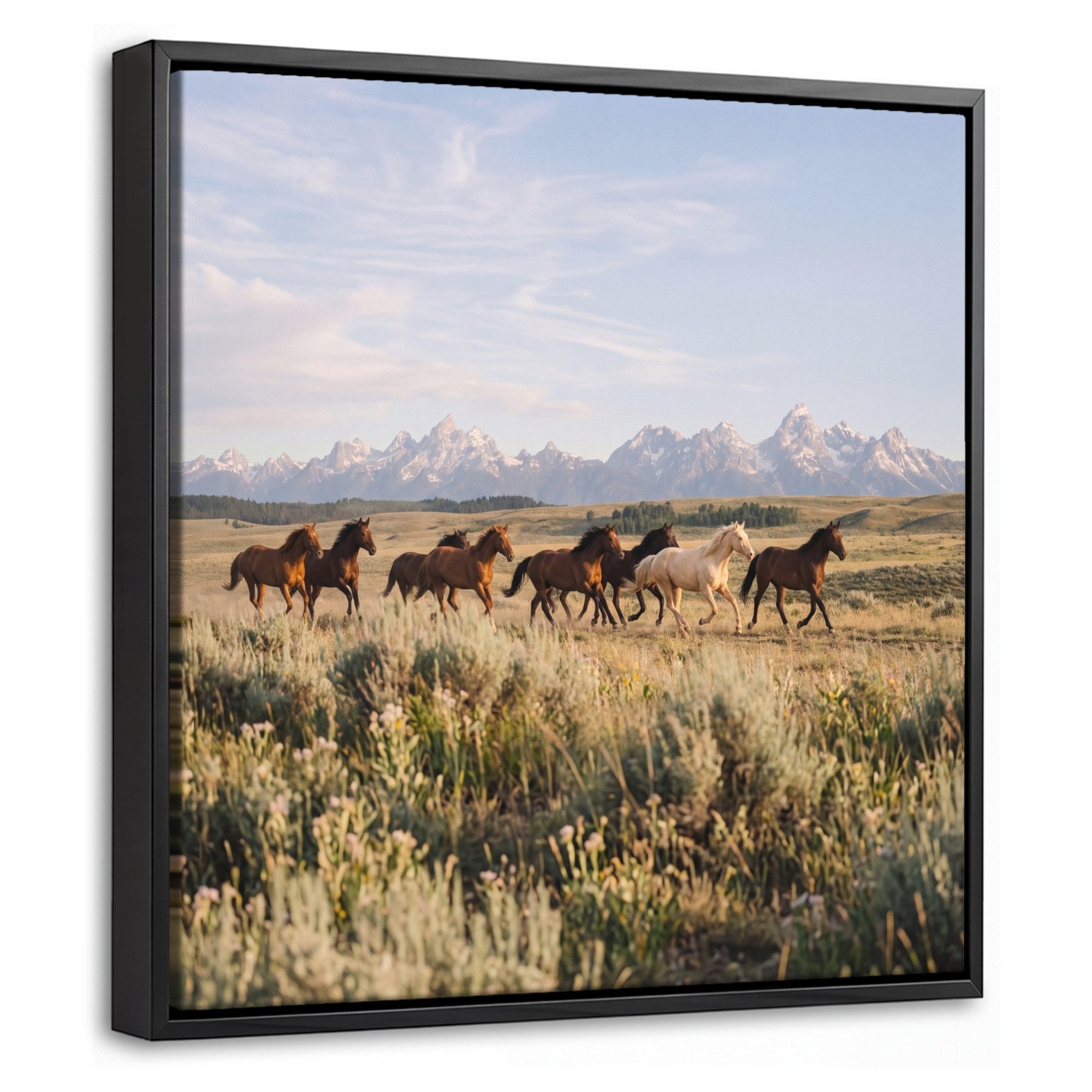 OneMillionCanvasses® Leinwandbild mit Rahmen - Pferde - Herde - Berge - Freiheit - Wildnis, Fotodruck (1 St), Leinwand Bilder Klein, Wand Dekoration Aesthetic 20x20cm