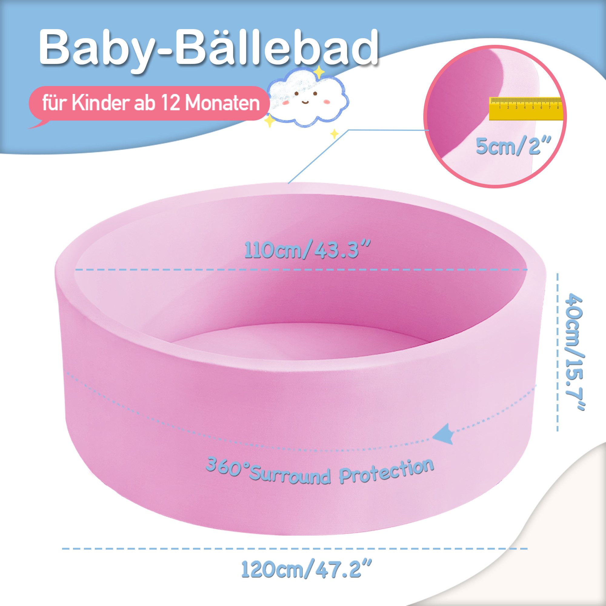 Aunekiv Bällebad Baby Memory-Schaumstoff Rund für Innen/Außen, (1-tlg), 120Cmx40Cm, Ohne Bälle