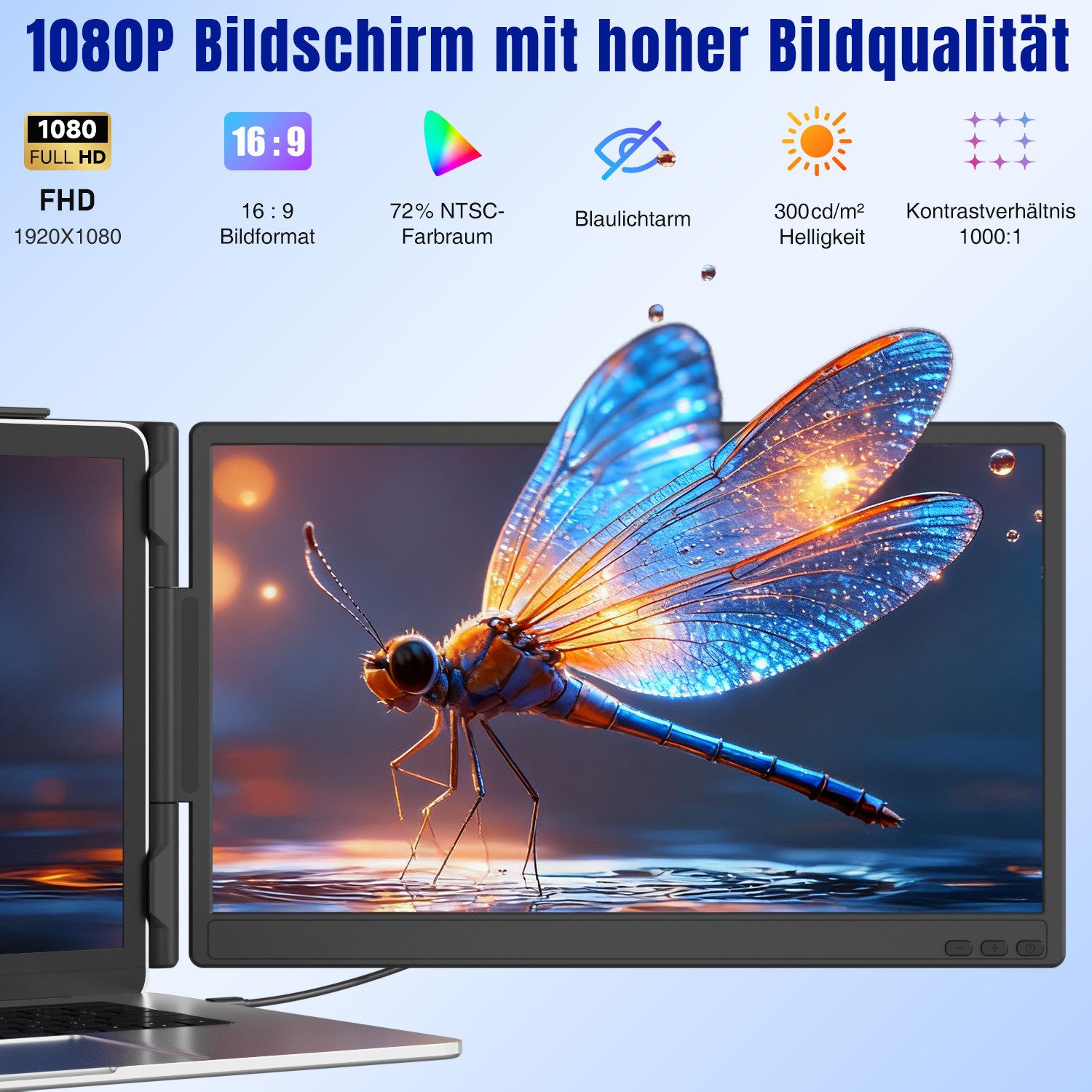 KEFEYA Portabler Monitor, Laptop-Bildschirm-Extender, Dual-Display, LCD, IPS Portabler Monitor (36 cm/14 ", 1920x1080 px, Full HD, 60 Hz, IPS, LCD, Laptop-Bildschirmerweiterung, Kompatibel mit Mac/Windows/Chrome etc)
