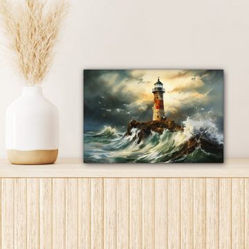 OneMillionCanvasses® Leinwandbild Leuchtturm - Wasser - Meer - Felsen - Ölgemälde, (1 St), Wandbild Leinwandbilder, Aufhängefertig, Wanddeko, 30x20 cm