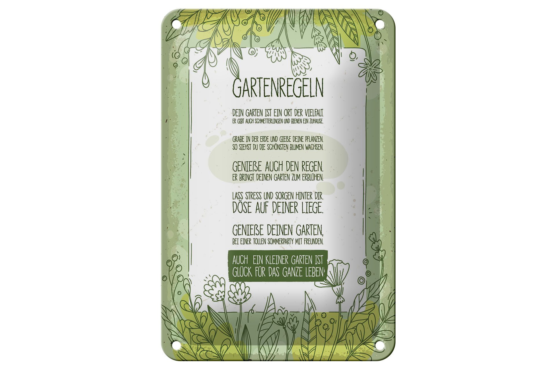 Femer GmbH Metallschild Spruch 12x18 cm Gartenregeln auch kleiner Garten ist Glück, (1 St), gewölbte Oberfläche, abgerundete Ecken, umgeschlagene Kanten