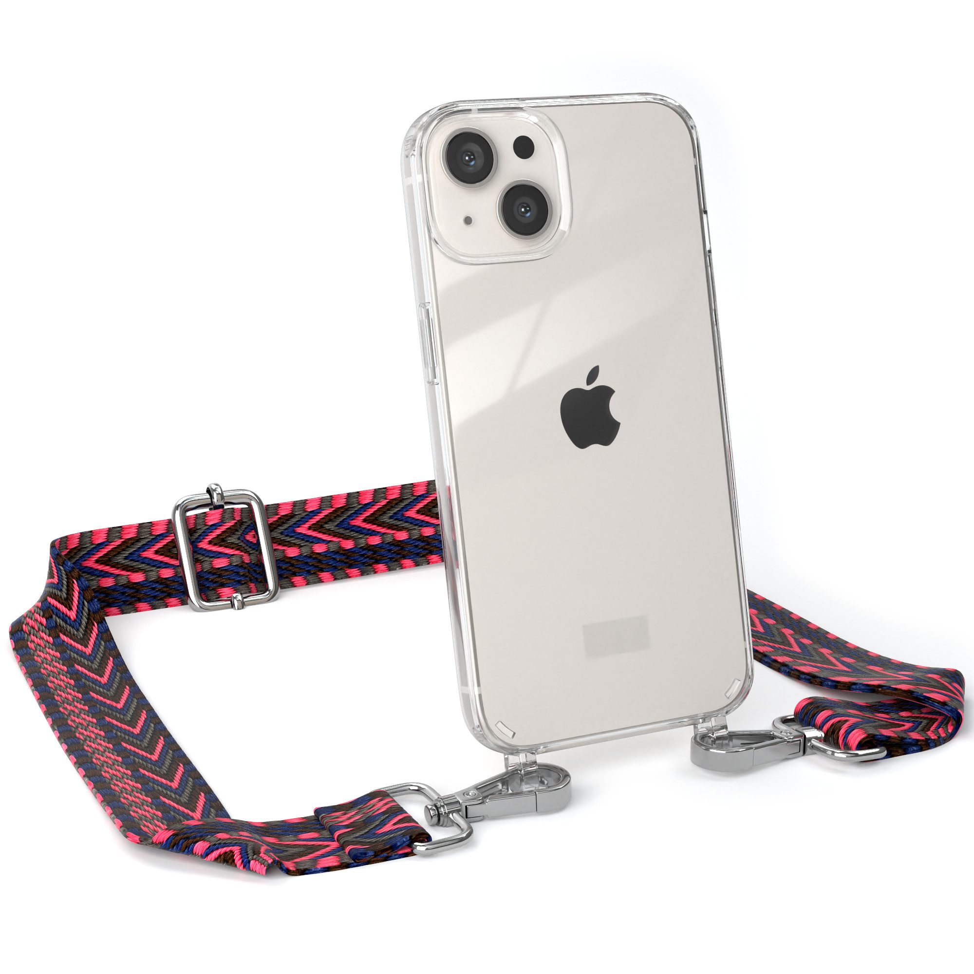 EAZY CASE Handykette Boho Umhängeband für Apple iPhone 13 6,1 Zoll, Verstellbarer Trageriemen mit Case transparent DIY Gürteltasche Pink