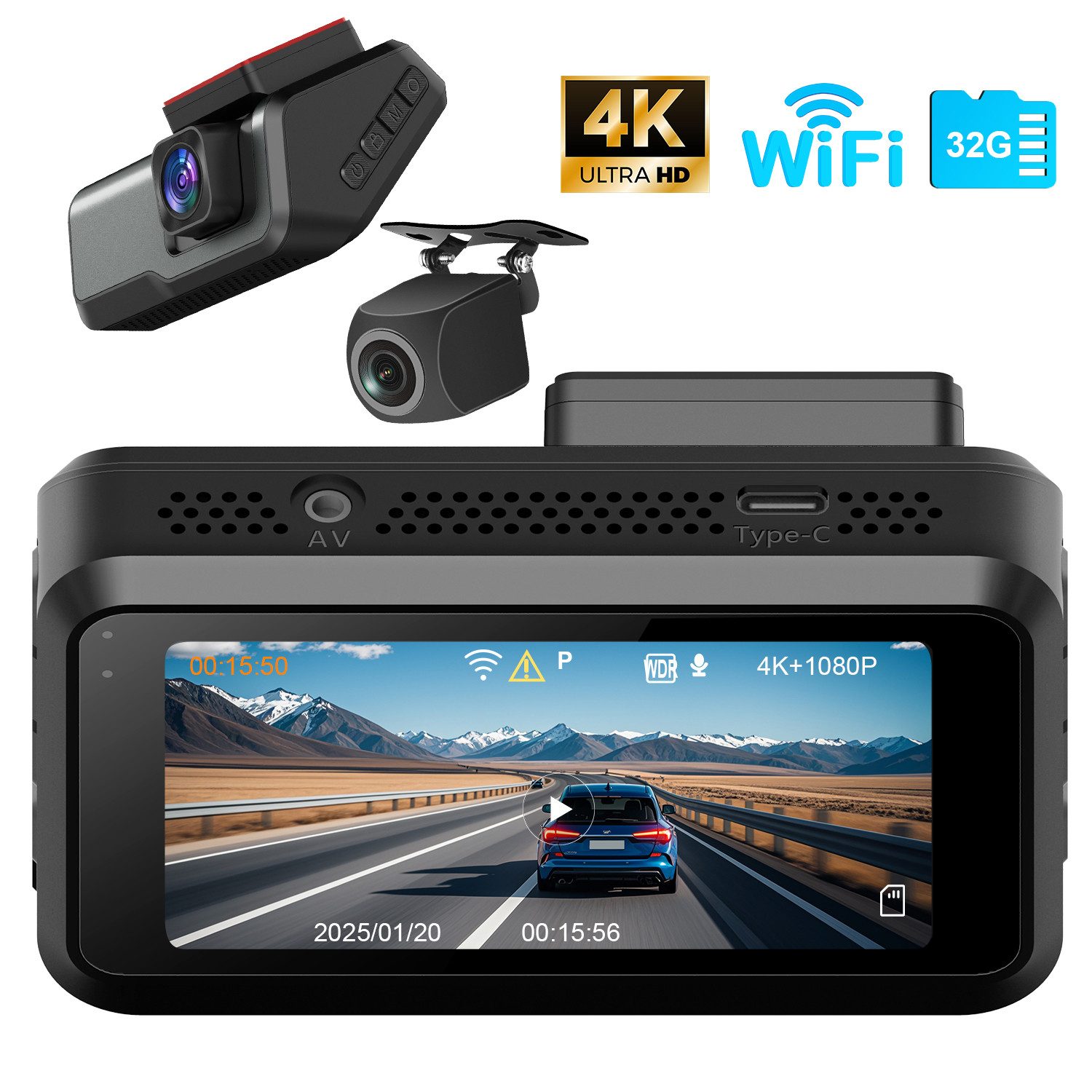 CkeyiN Dashcam Auto 4K 1080P Dual-Objektiv 170° Weitwinkel Vorne Hinten Dashcam (4K Ultra HD, 3'' IPS-Bildschirm, mit 32GB TF-Karte GPS Nachtsicht, WDR, G-Sensor, Loop-Aufnahme)