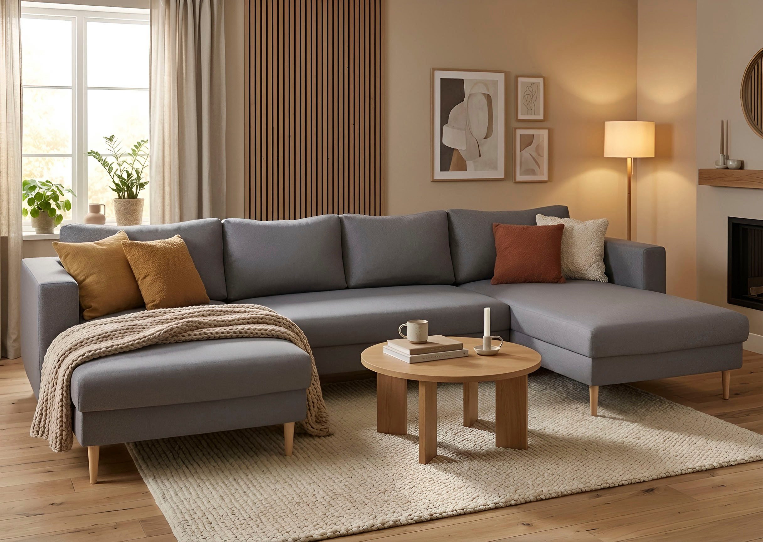 TRENDMANUFAKTUR Wohnlandschaft Amazing, wahlw. mit Schlaffunktion & Bettkasten, Fuß Buche lackiert, Sofa in U-Form, in Cord oder Struktur, Breite 305 cm
