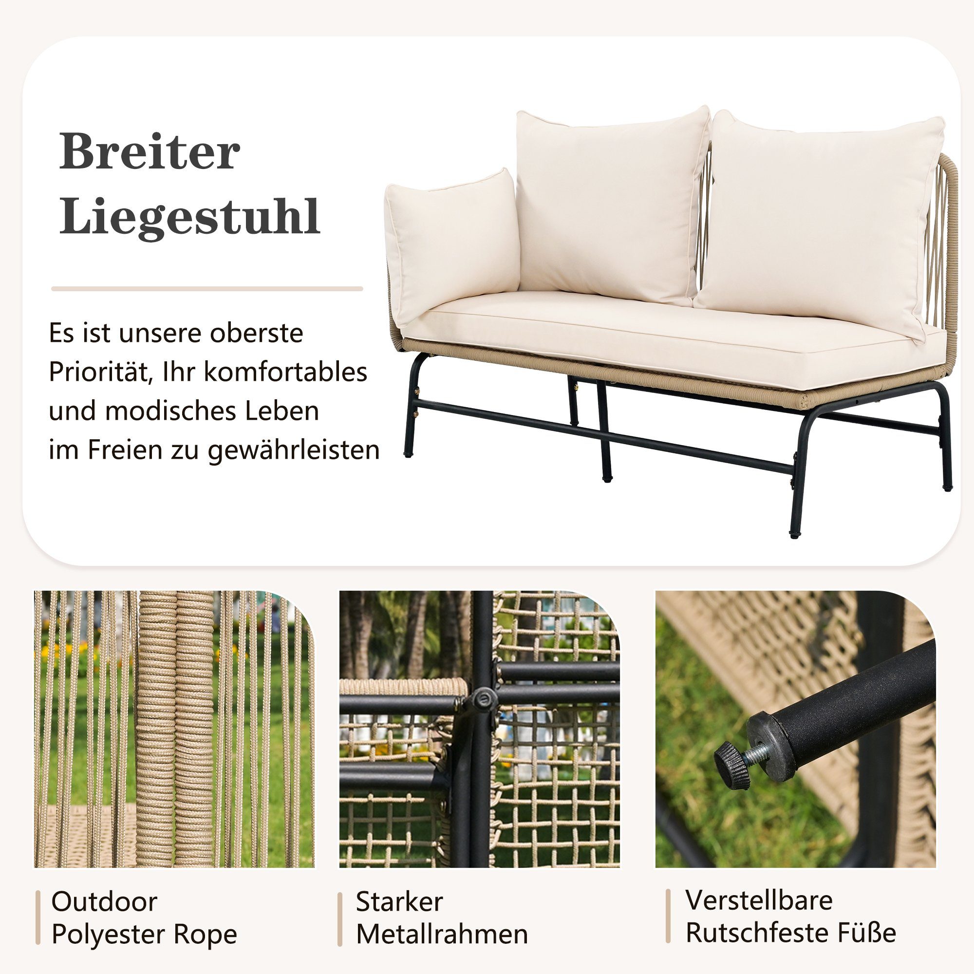 Flieks Gartenlounge-Set, (3-tlg), Gartenmöbel 4-Sitzer Gruppe Gewebtes Seil
