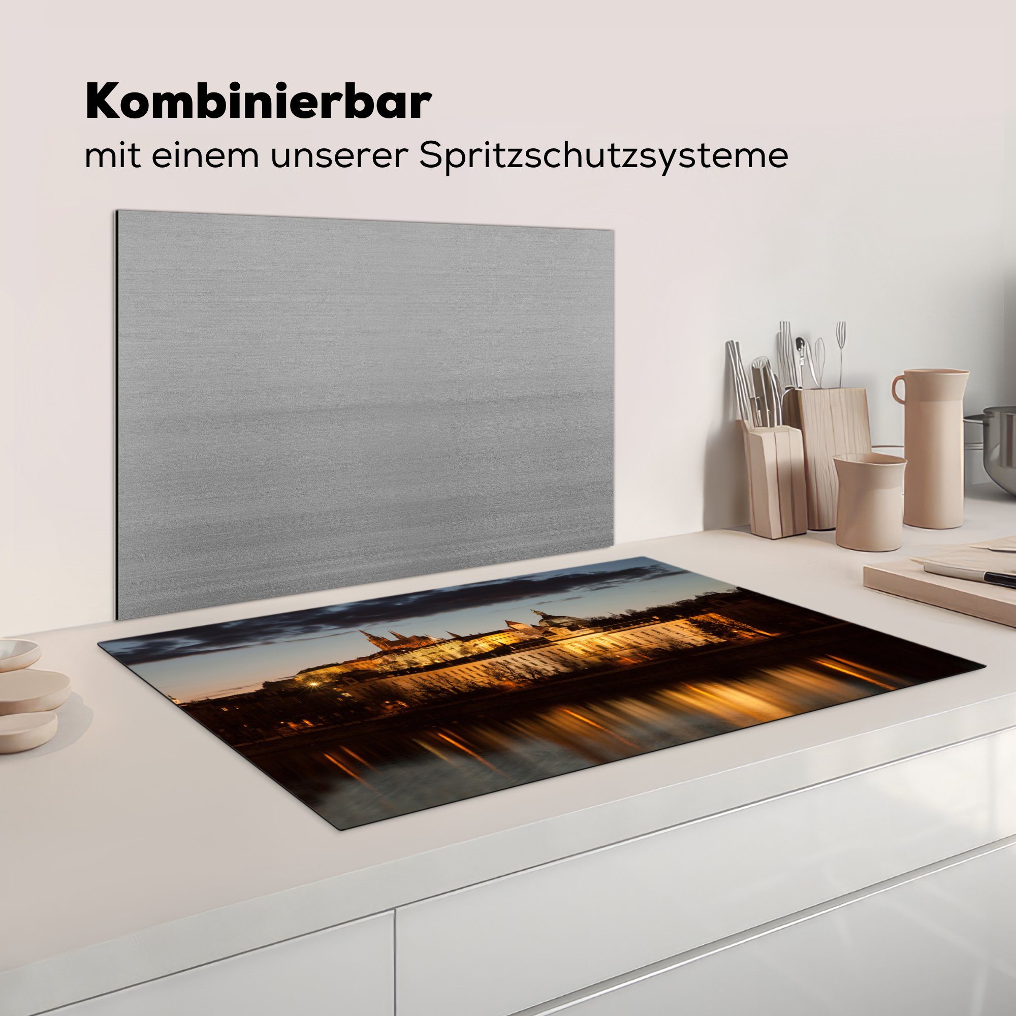 küche Arbeitsplatte für Vinyl, Ceranfeldabdeckung, cm, Prager - 83x51 (1 Wasser MuchoWow Abend, Burg Herdblende-/Abdeckplatte - tlg),