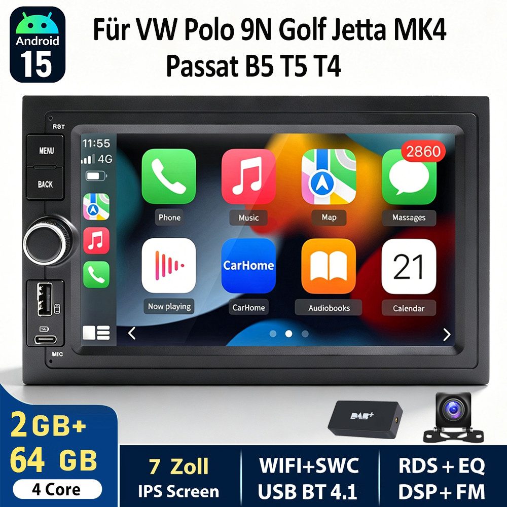 ESSGOO 7'' Android15 CarPlay Für VW Golf 4 Polo 9N Passat B5 Auto Radio BT4.1 Navigationsgerät (Apple Carplay Android Auto GPS Navi WIFI BT EQ mit USB- und Type-C)