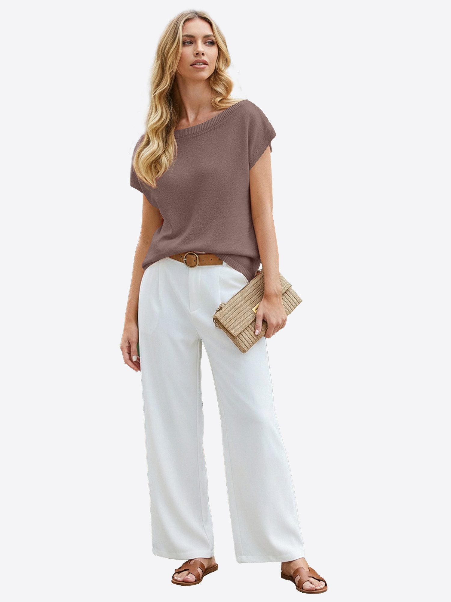 Imily Bela Stricktop Damen One-Shoulder Schulterfrei Kurzarm Rundhals Lässig Oberteil (Packung, 1-tlg., 1per-Pack) gehäkelt in Unifarbe