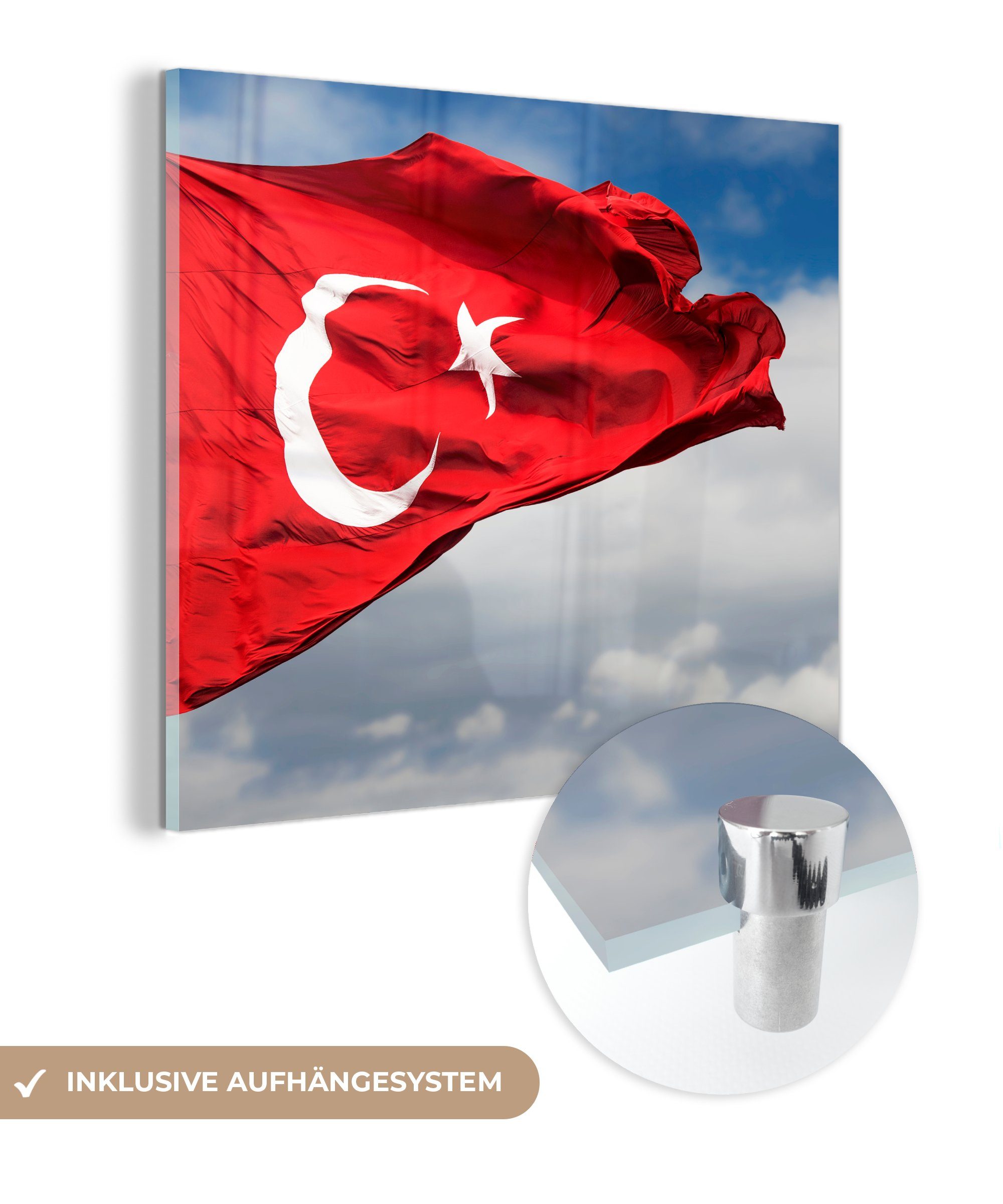 MuchoWow Acrylglasbild Eine türkische Flagge im Wind, (1 St), Glasbilder - Bilder auf Glas Wandbild - Foto auf Glas - Wanddekoration
