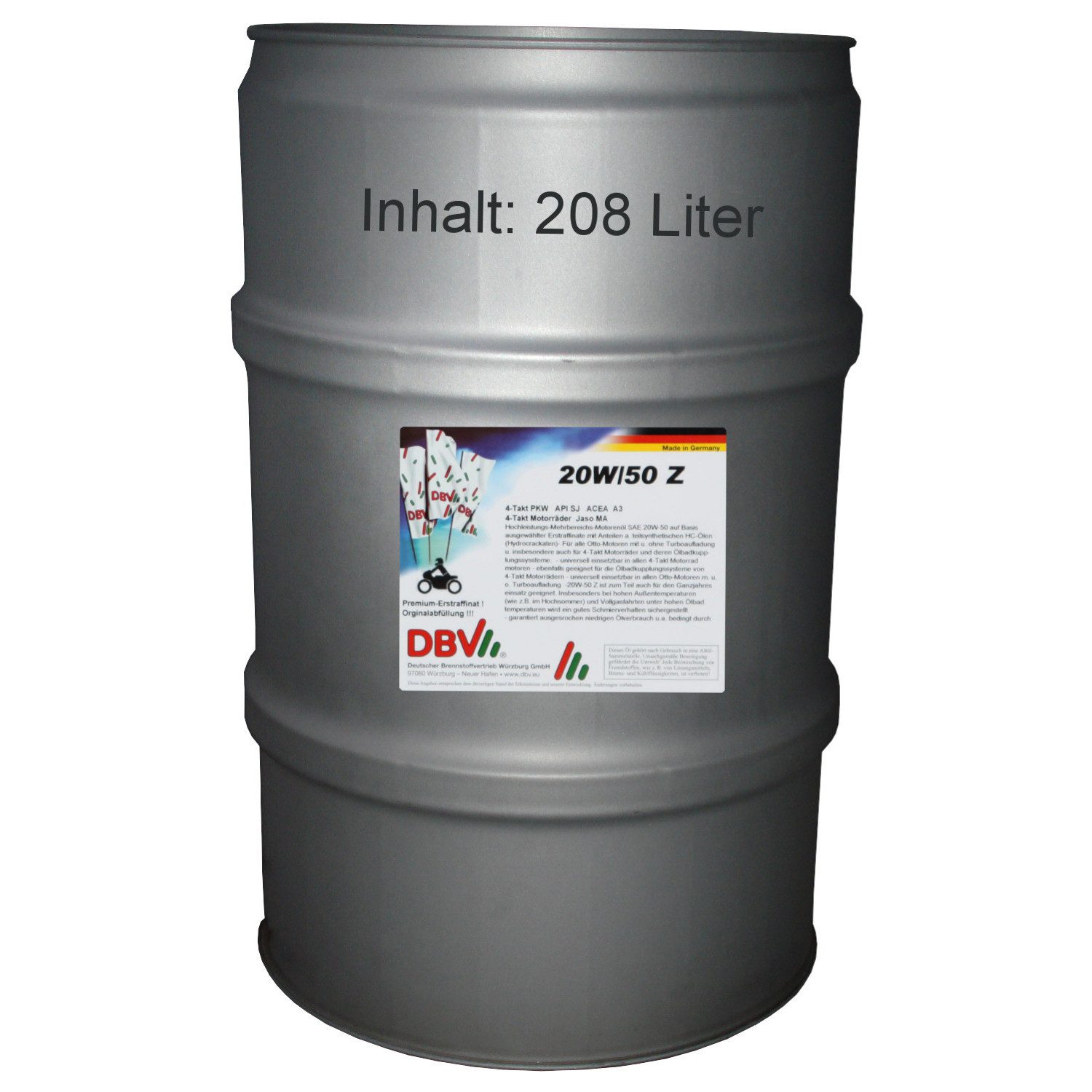 DBV Motoröl 20W-50 Z DBV-Zweirad-Special-Motorenöl JASO MA (4-Takt) 208-Liter-Fass