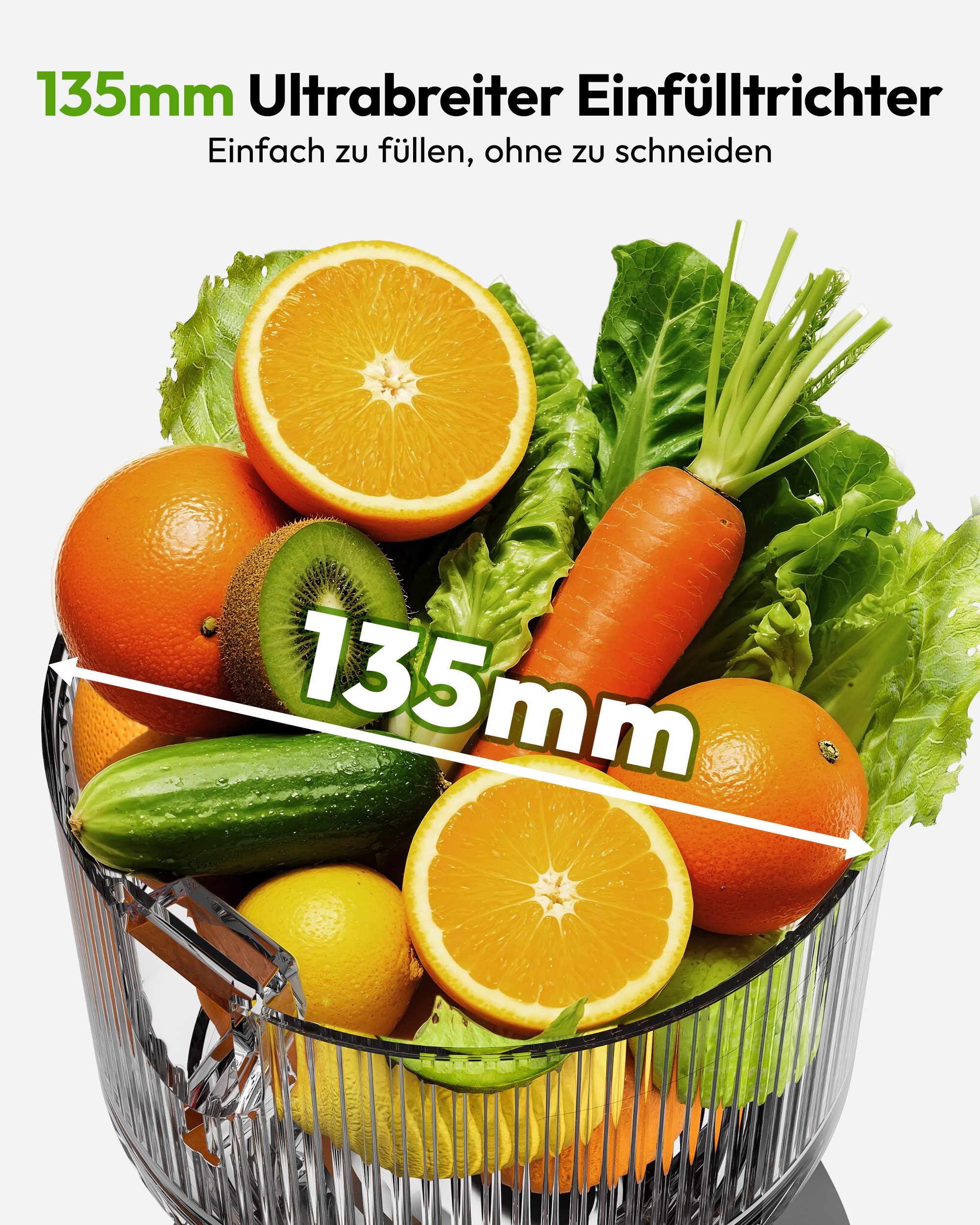 EUHOMY Slow Juicer mit 135MM Breite und Größere Fütterungsröhre, 220 W, für Ganze Gemüse Obst - Leicht zu Reinigender Entsafter mit 2 Gläsern