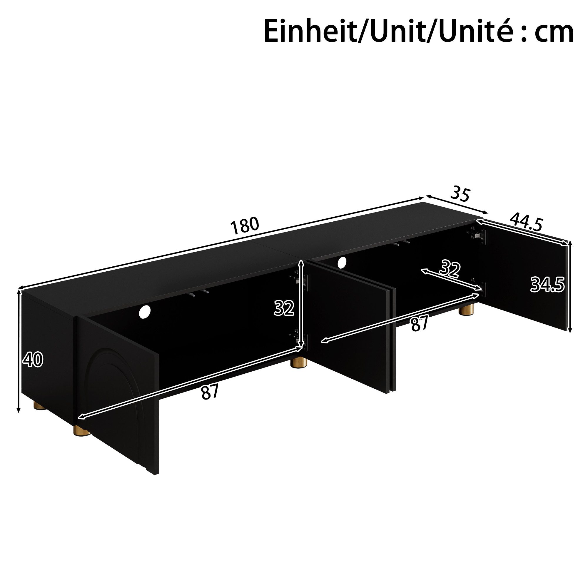 Merax Lowboard mit Bogenrelief und Metallfüßen (180 x 35 x 40 cm (L x B x H), 1 St), TV-Board TV-Schrank mit 4 Türen & großem Stauraum – Bild 4 von 5