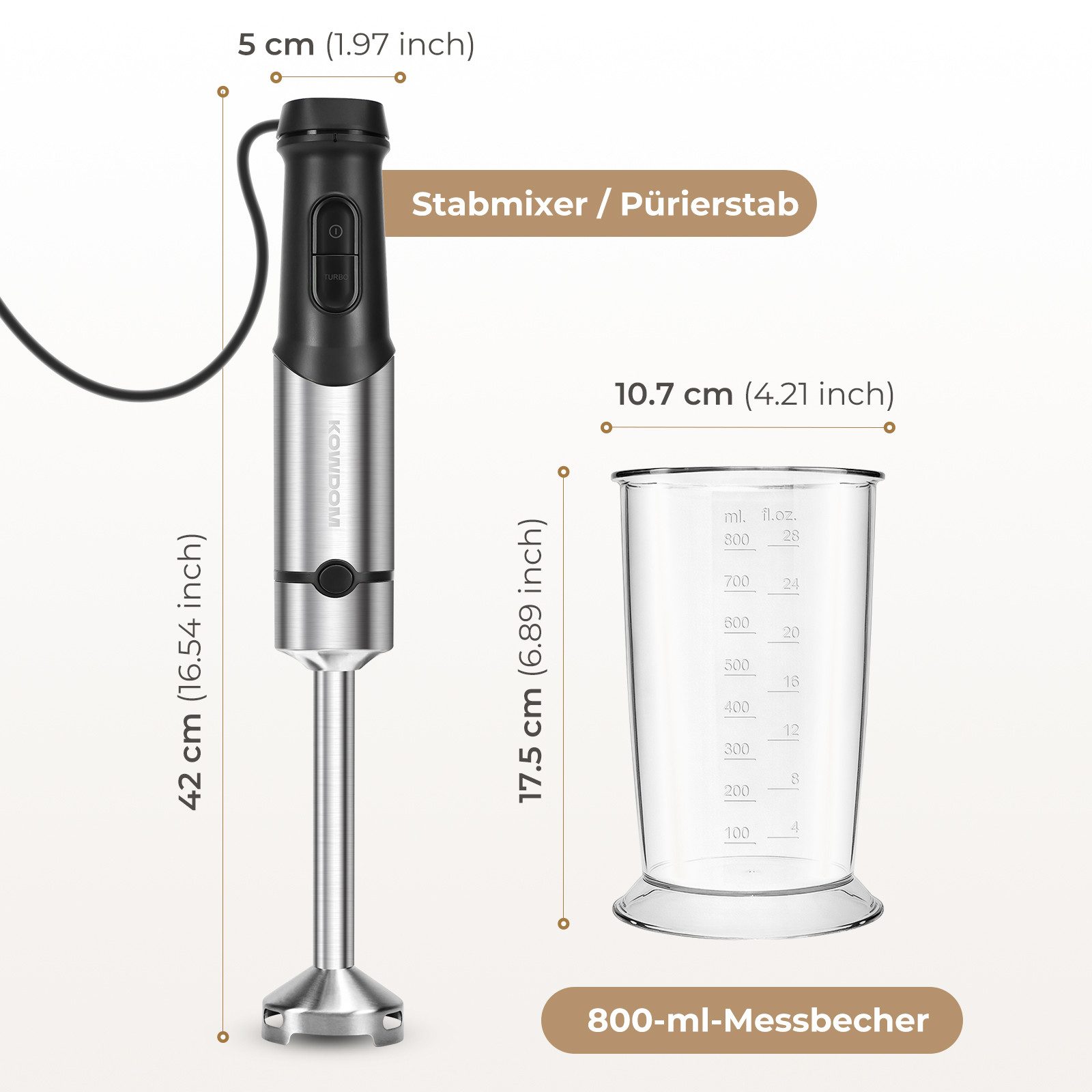 kowdom Stabmixer 1200W Stabmixer Edelstahl,12 Stufen,Turbotaste,800ml Becher, 1200 W – Bild 5 von 5