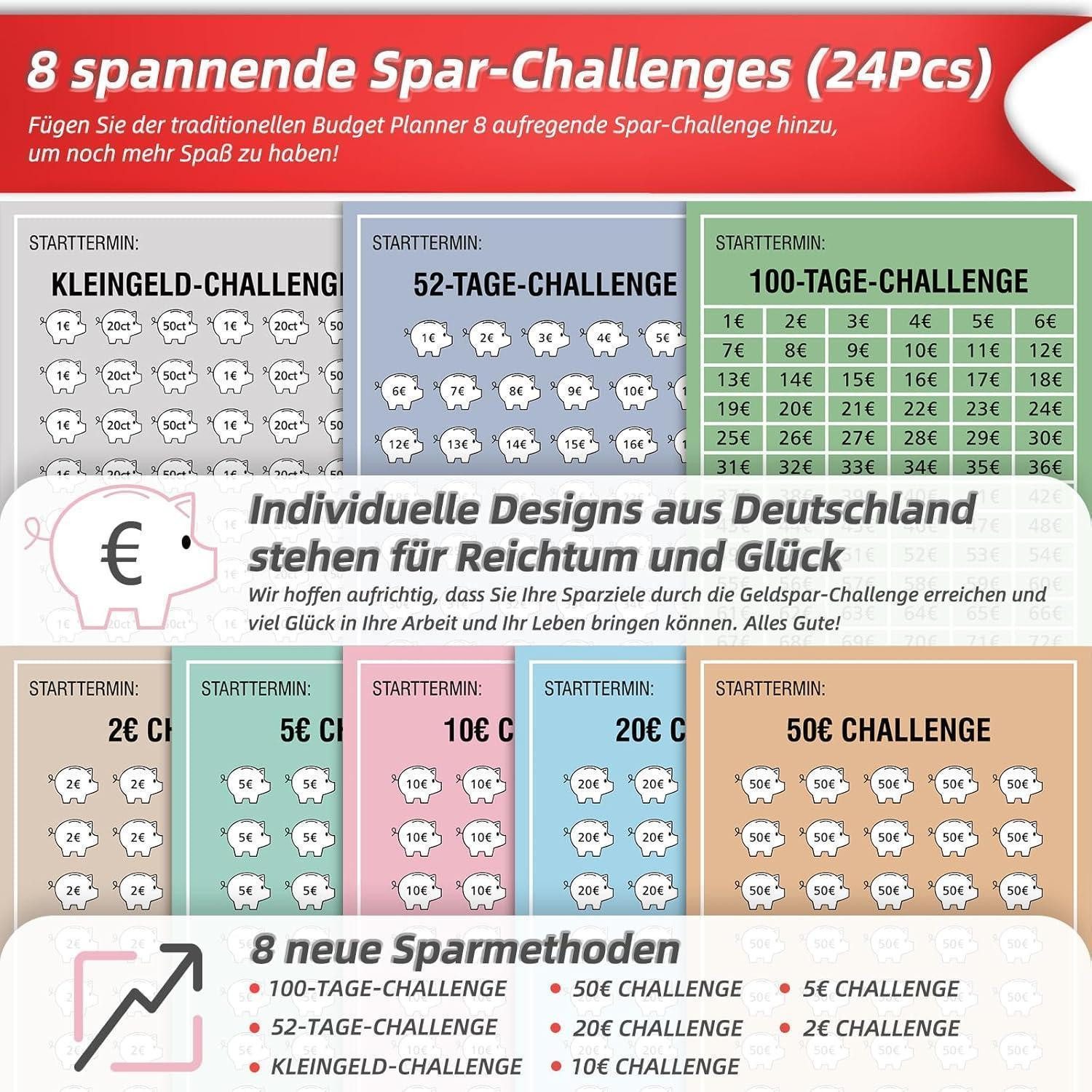 LuxusKollektion Ringbuchmappe Geld Sparen Challenge Buch mit 8 Spar-Challenges A6 Lederbindung