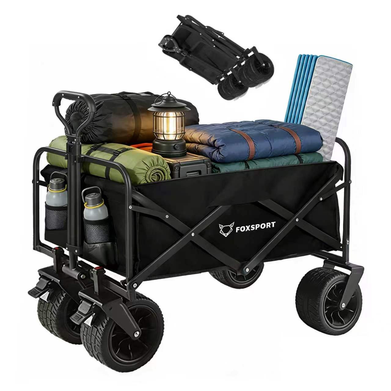 FOXSPORT Bollerwagen faltbar, Handwagen, Transportwagen, Strandbuggy (Packung), breites Geländepanzerrad, max. 100 kg, Vorder- & Hinterbremse