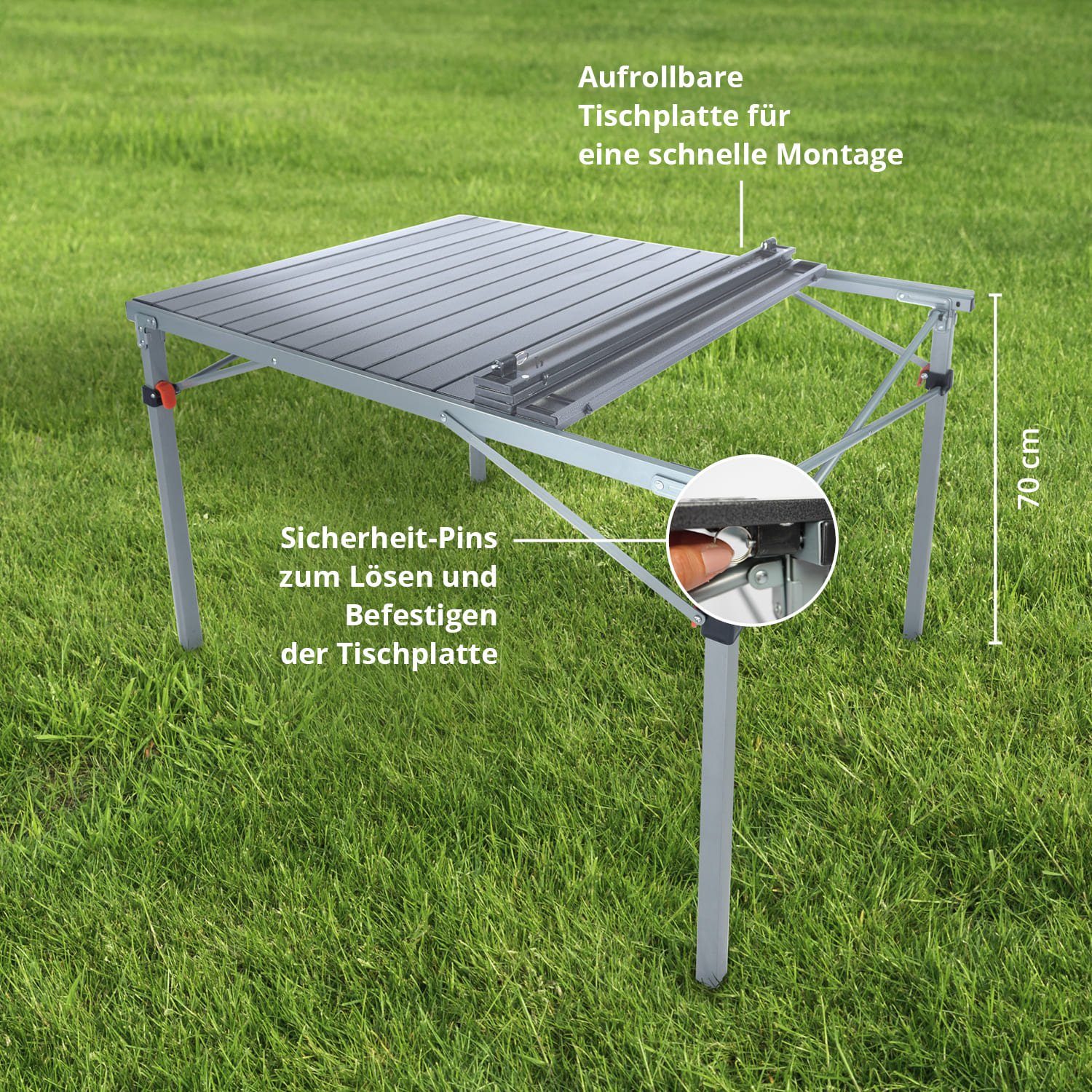 Skandika Campingtisch Aluminium Klapptisch Maikku, einrollbare Tischplatte, wasserfest (Mit Korrosionsschutz, Wasserabweisend, Hitzeresistent), für 6 Personen, 80 kg Traglast, 107 x 70 x 70 cm, Falttisch für Garten
