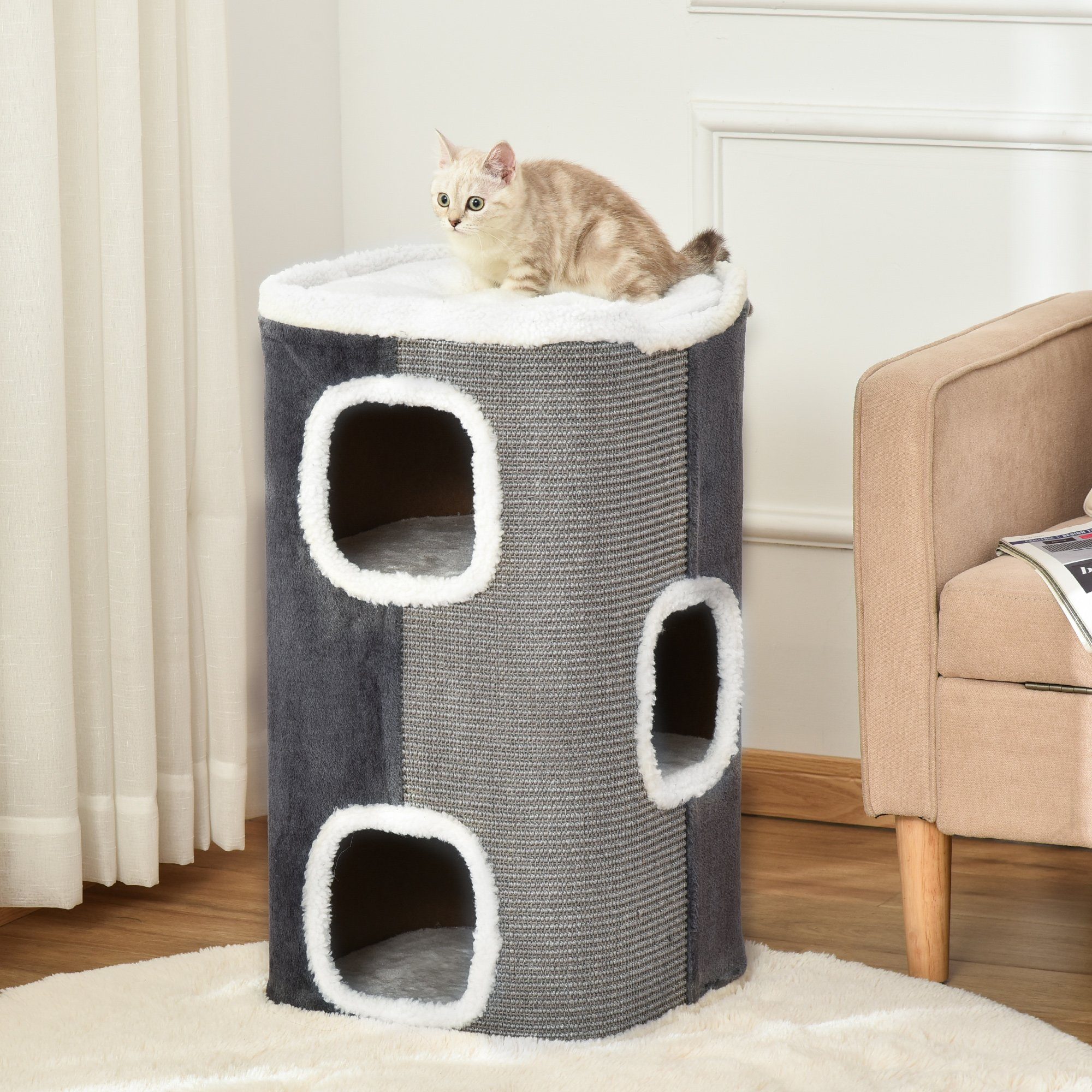 PawHut Kratztonne für Katzen 3 Ebenen Kletterbaum Spanplatte Polyester, (Katzenmöbel, 1-tlg., Kletterbaum), Grau+Weiß, 40 x 40 x 74 cm
