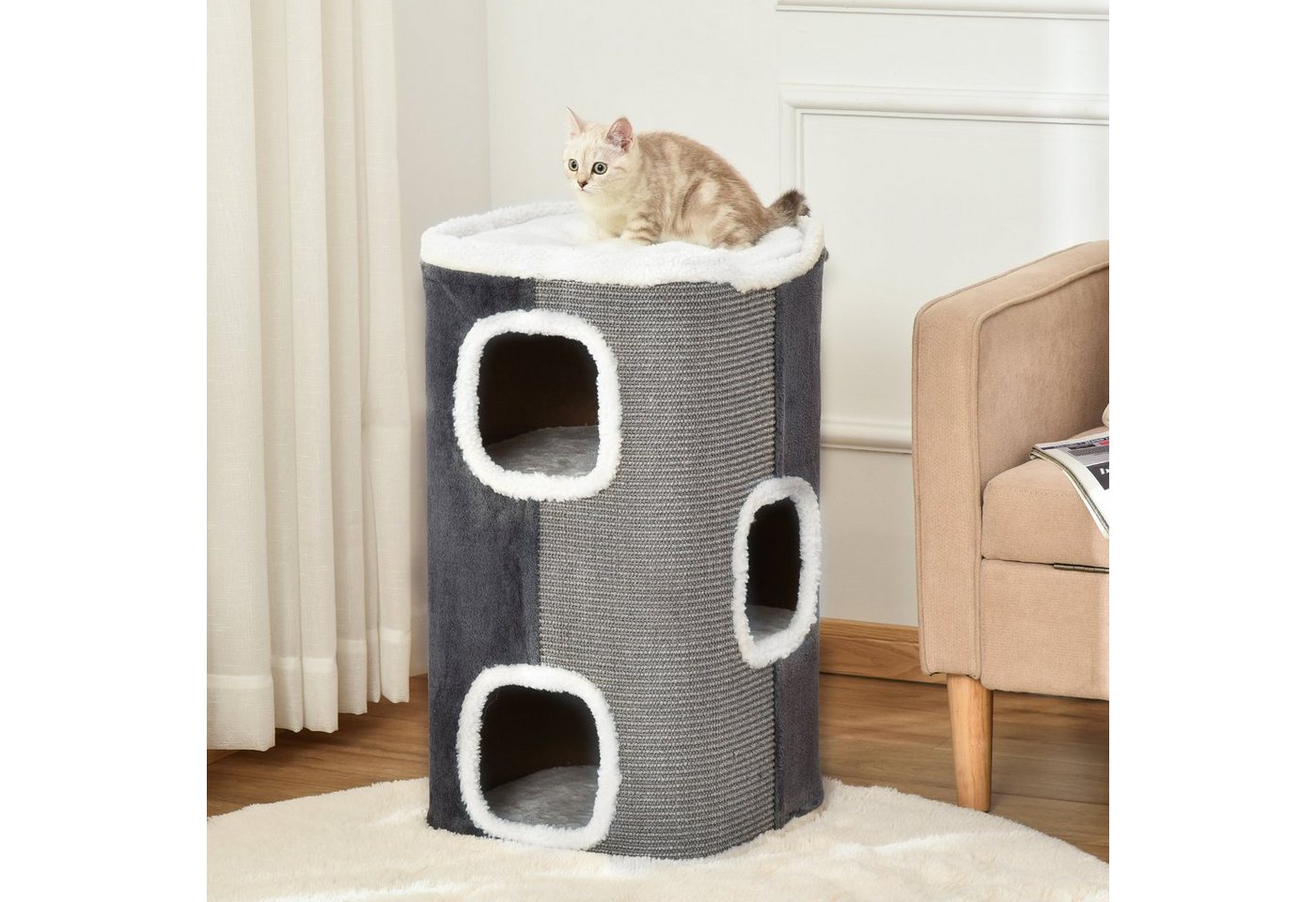 Thumbnail - PawHut Kratzbaum Kratztonne für Katzen 3 Ebenen Kletterbaum Spanplatte Polyester, Spanplatte, samtartiges Polyester, Sis...