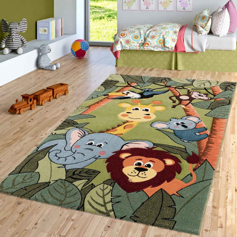 Kinderteppich »Kinderzimmer Teppich Dschungel Zoo Tiere Giraffe Schlange Löwe Affe Grün«, TT Home, rechteckig, Höhe: 16 mm