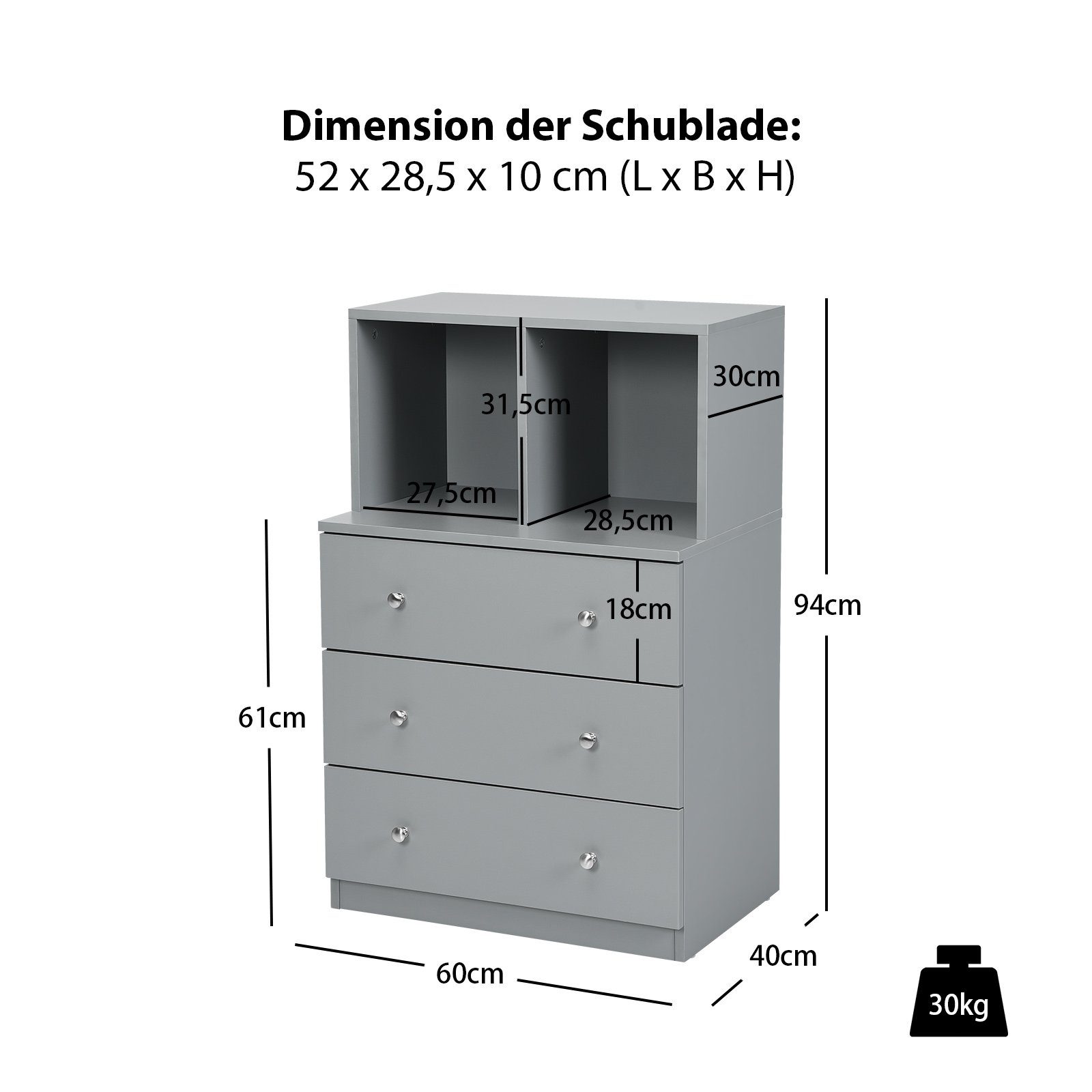 COSTWAY Kommode, mit 3 Schubladen Kippschutz, 2 Fächern, Grau Holz, 60x40x94cm &