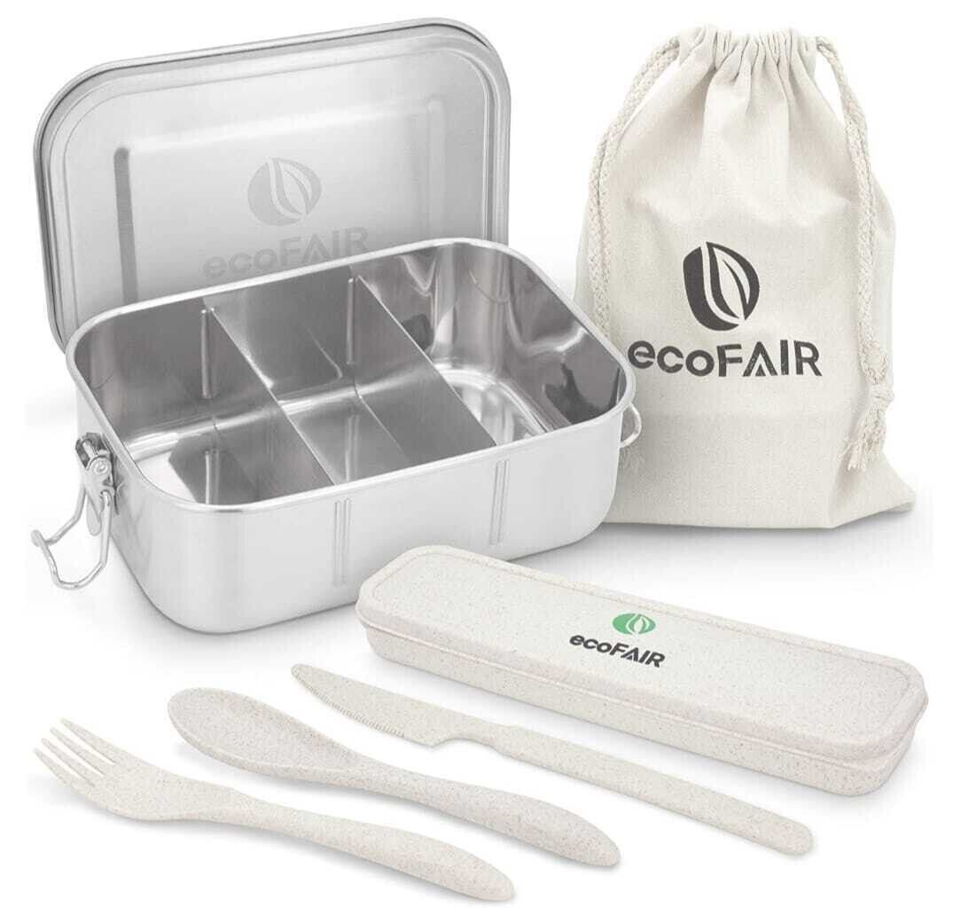 ecoFAIR Lunchbox Edelstahl Brotdose 800ml Lunchbox mit 3 Fächern Besteck Set, Edelstahl, (Set, 9-tlg., Besteckset und Aufbewahrungsbox, Aufbewahrungsbeutel), inkl Besteckset und Aufbewahrungsbox, Aufbewahrungsbeutel