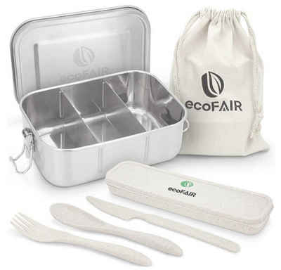 ecoFAIR Lunchbox Edelstahl Brotdose 800ml Lunchbox mit 3 Fächern Besteck Set, Edelstahl, (Set, 9-tlg., Besteckset und Aufbewahrungsbox, Aufbewahrungsbeutel), inkl Besteckset und Aufbewahrungsbox, Aufbewahrungsbeutel