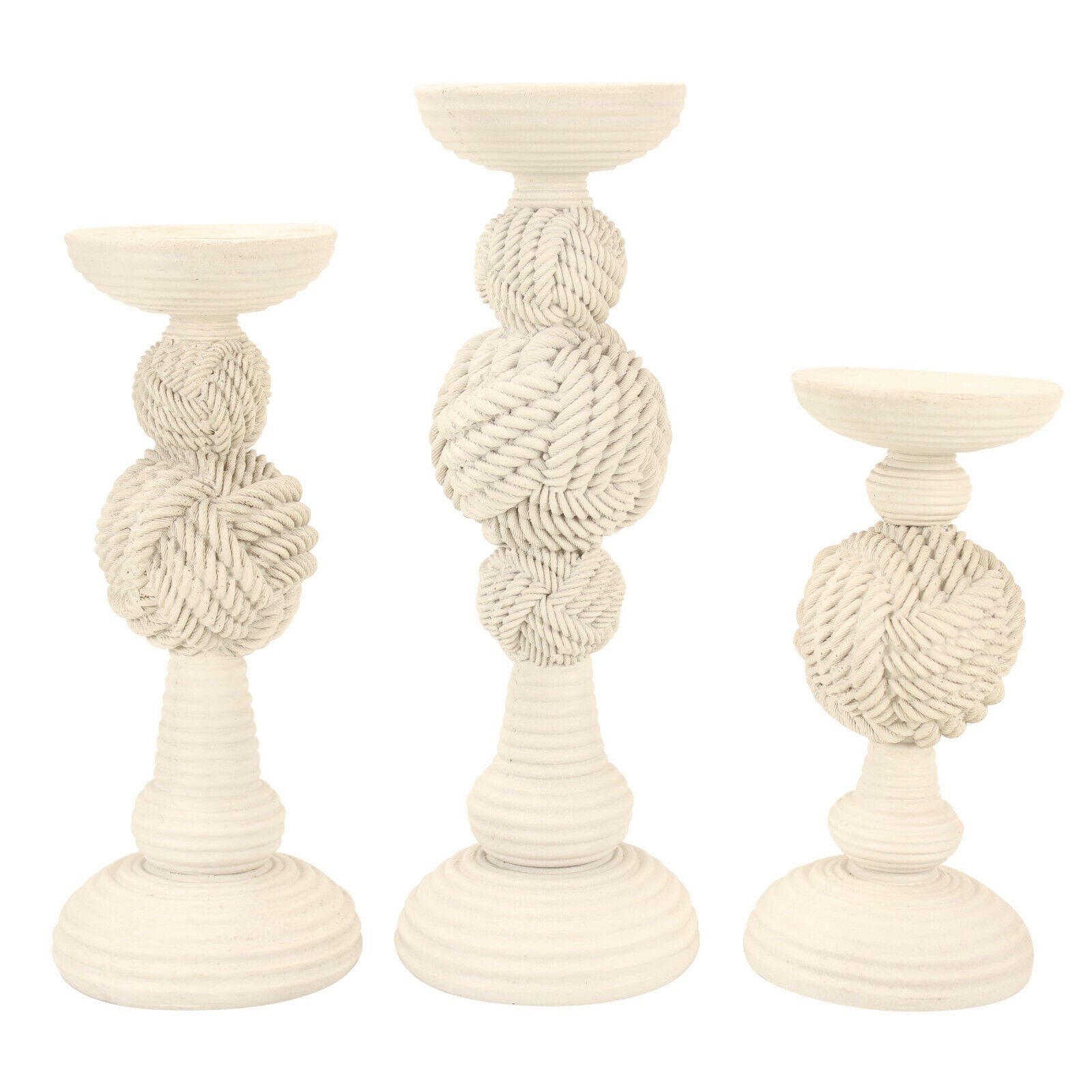 Online-Fuchs Kerzenständer als 3er Set Kerzenhalter im maritimen Stil für Stumpenkerzen (Creme-farbend, aus Polyresin, Rillen-Optik, für Kerzen bis zu 7,5 cm Durchmesser), mit Tau-Design, 3 Höhen (21, 26 und 31 cm) Deko