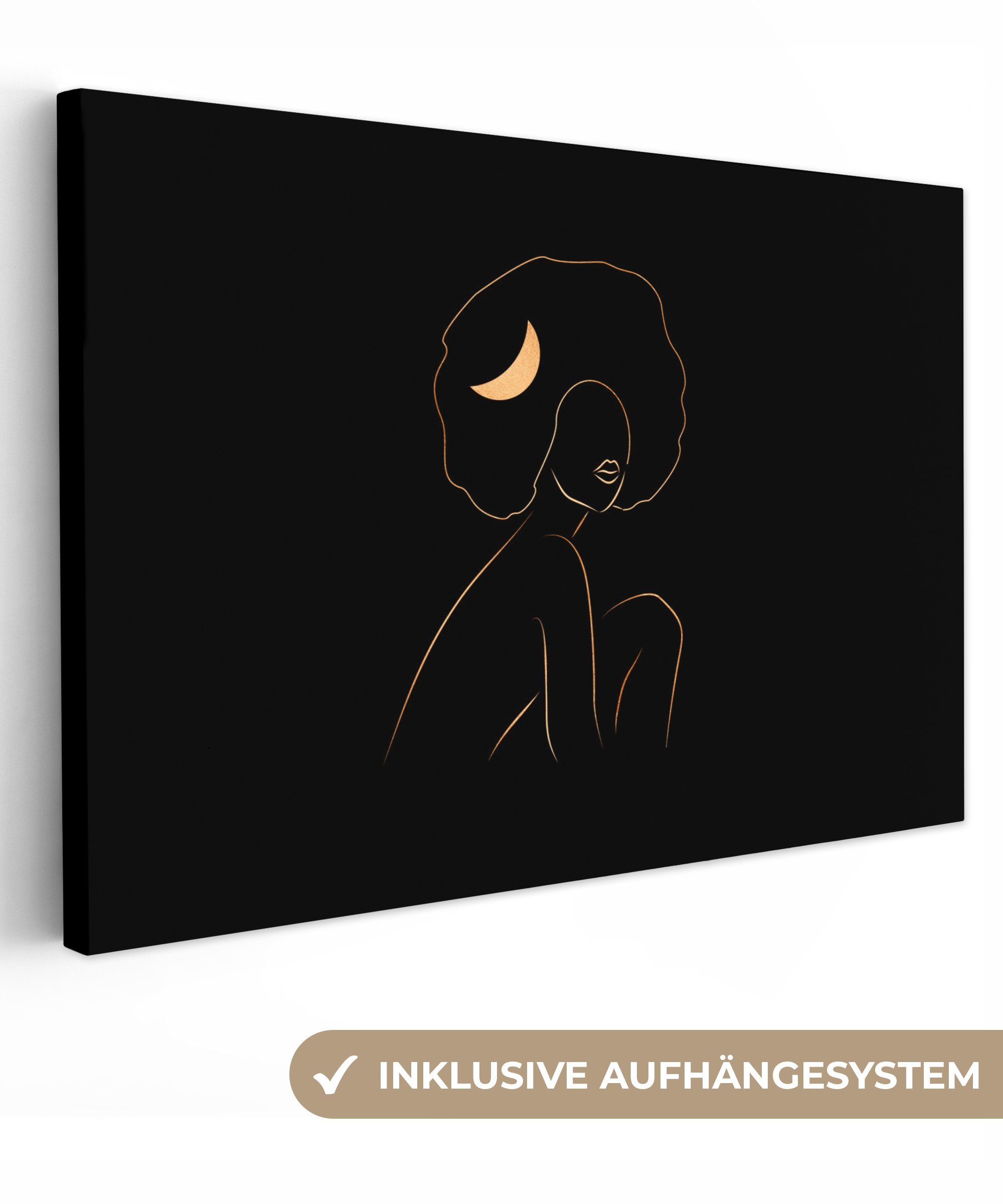 OneMillionCanvasses® Leinwandbild Frau - Gold - Schwarz - Strichzeichnung, (1 St), Wandbild Leinwandbilder, Aufhängefertig, Wanddeko, 30x20 cm