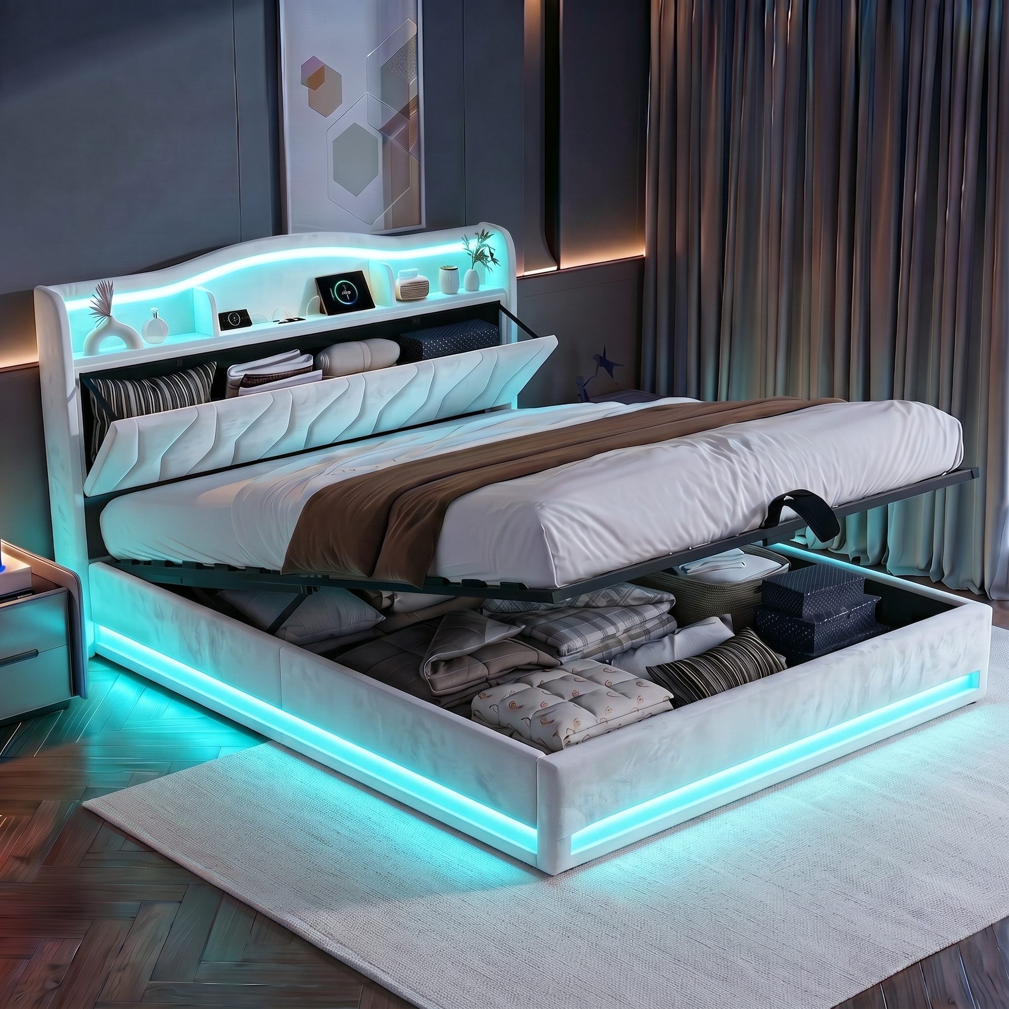 Gdood Stauraumbett Polsterbett LED Doppelbett (Inkl. Komforthöhe Lattenrost, Leises Design Bett), Mit Bettkasten, RGB Beleuchtung, Ladefunktion