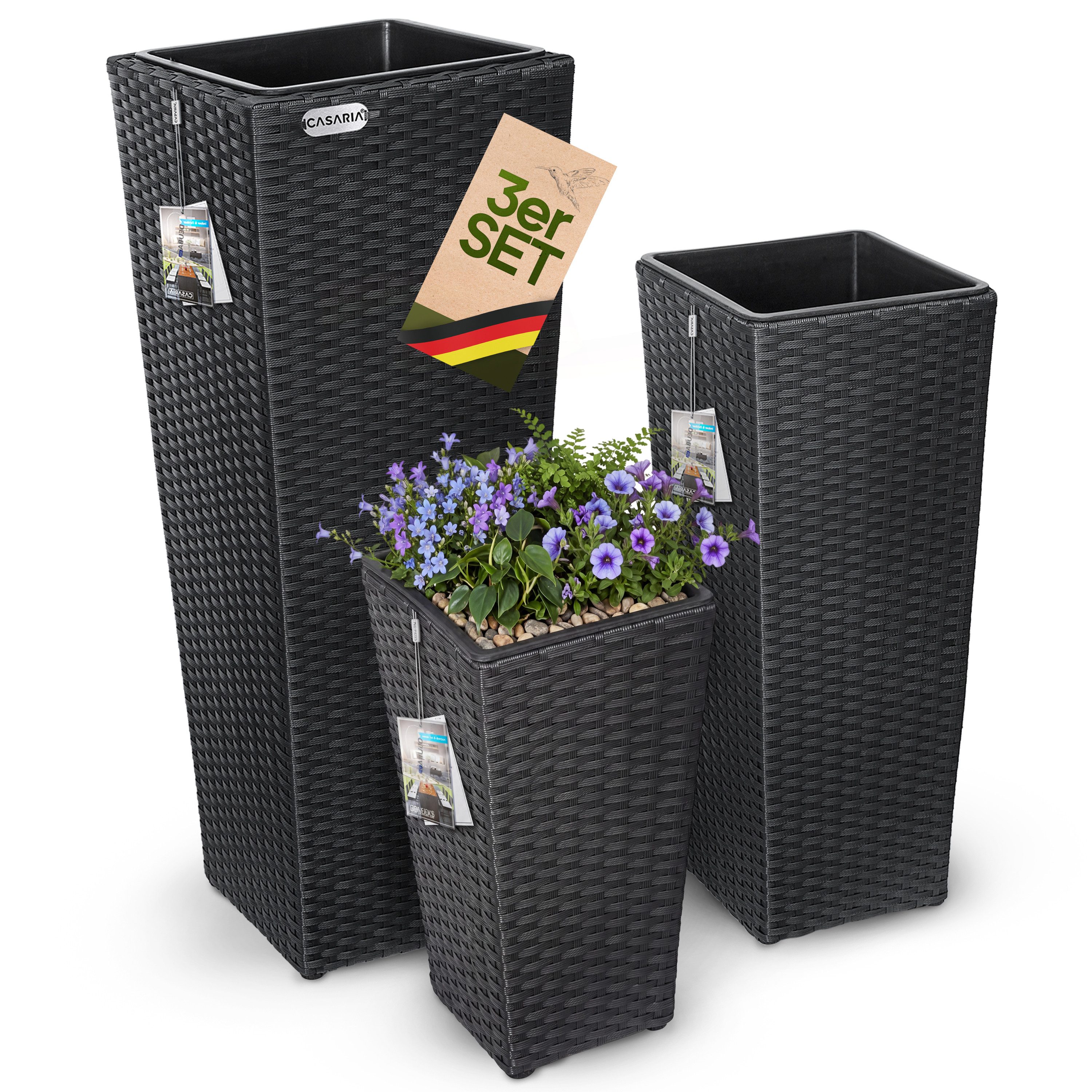 Casaria Pflanzkübel, Casaria Blumentopf 3er Set Polyrattangeflecht Übertopf Wasserabfluss