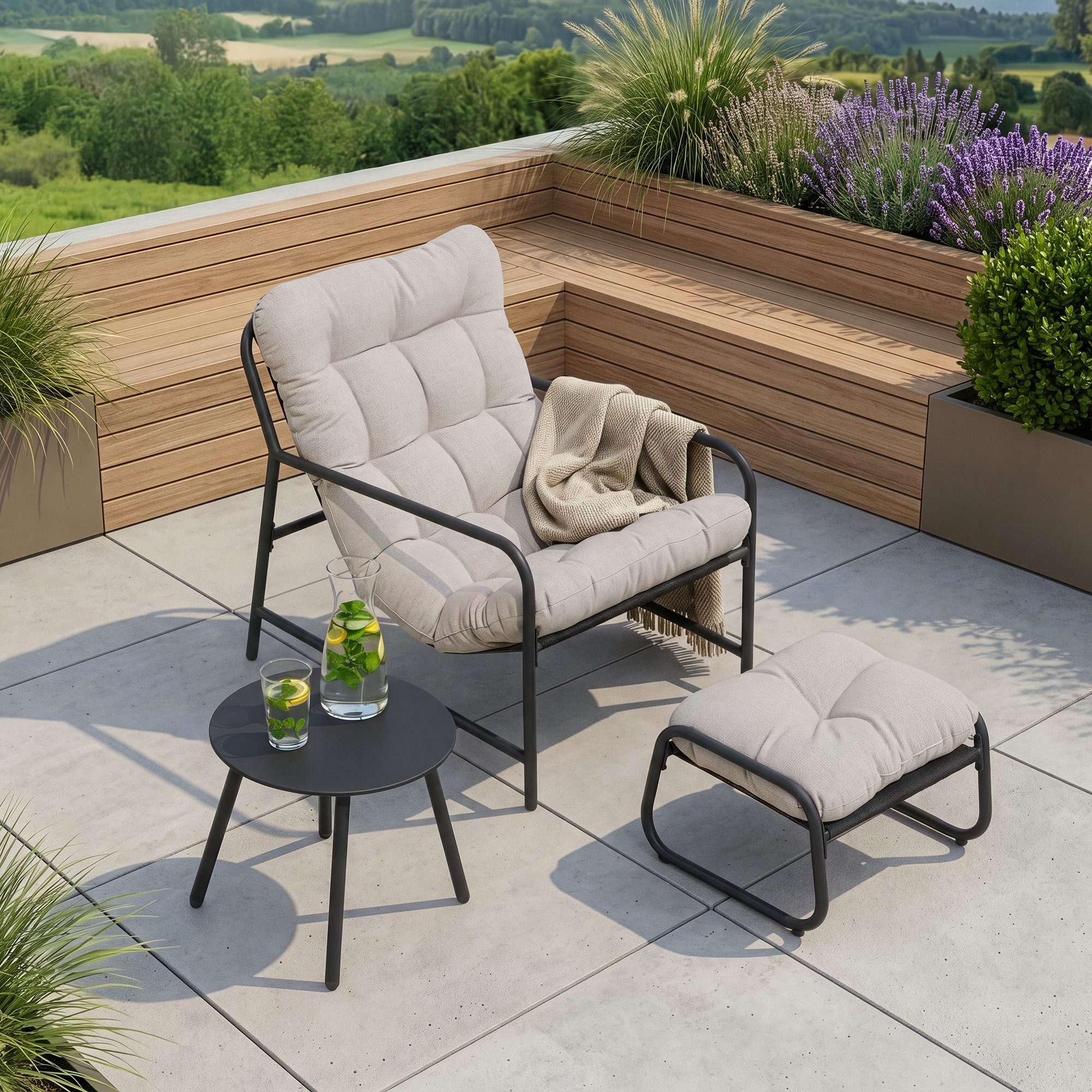 en.casa Gartenlounge-Set, (Set, 3-tlg., Gartenstuhl, Gartentisch, Fußhocker), »Trerdfjoa« Polsterkissen Metallgestell Dunkelgrau/Grau