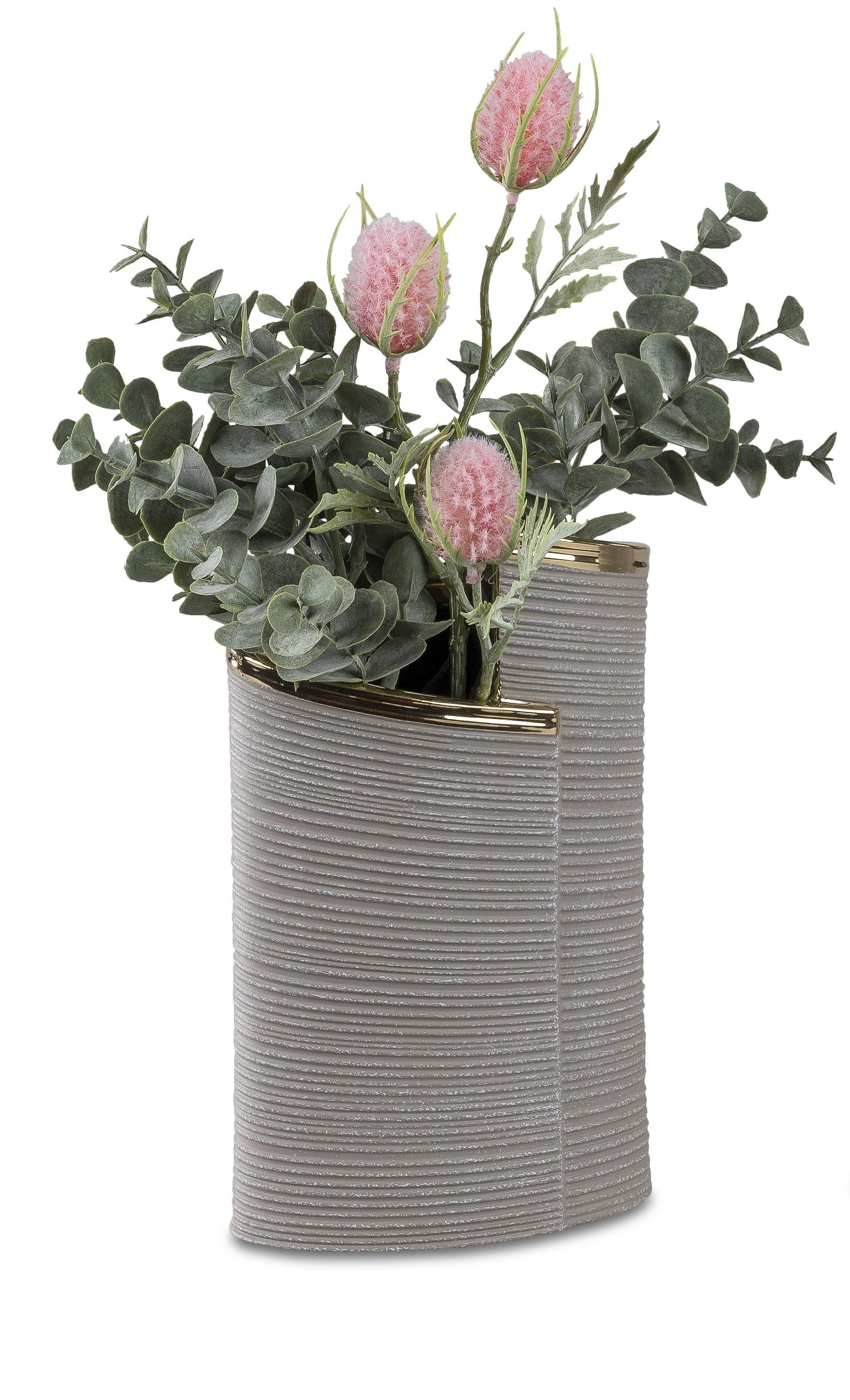 Dekovase Vase Tischvase Sandfarben mit Goldrand in 2 Größen wählbar