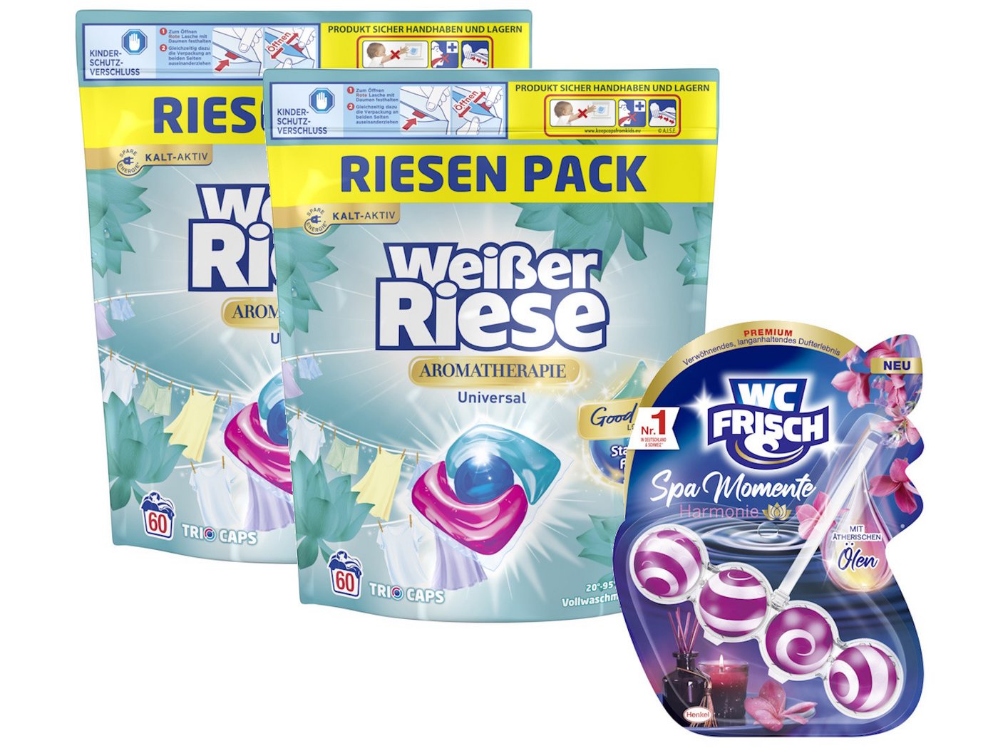Weißer Riese Universal Trio-Caps & WC FRISCH Spa Momente Harmonie Vollwaschmittel (Set, [120-St. 1x 120 WL + 1x 50g Waschmittel und Toilettenstein)