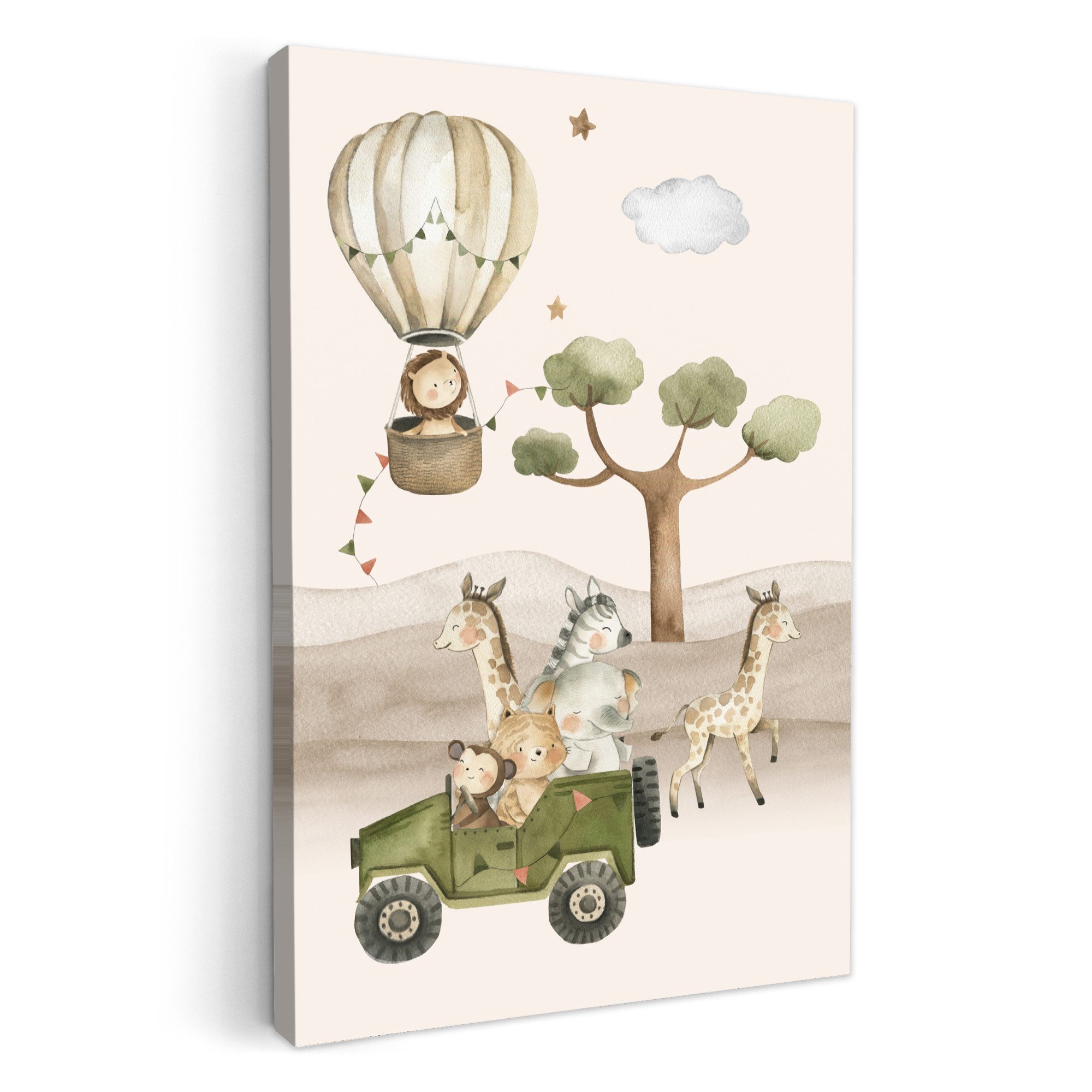 OneMillionCanvasses® Leinwandbild Wilde Tiere - Safari - Aquarell - Heißluftballon, Fotodruck (1 St), Kinderzimmer Deko, Mädchen und Jungen Bilder 20x30 cm
