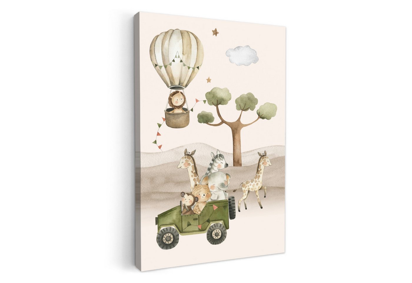 OneMillionCanvasses® Leinwandbild Wilde Tiere - Safari - Aquarell - Heißluftballon, Fotodruck (1 St), Kinderzimmer Deko, Mädchen und Jungen Bilder 20x30 cm