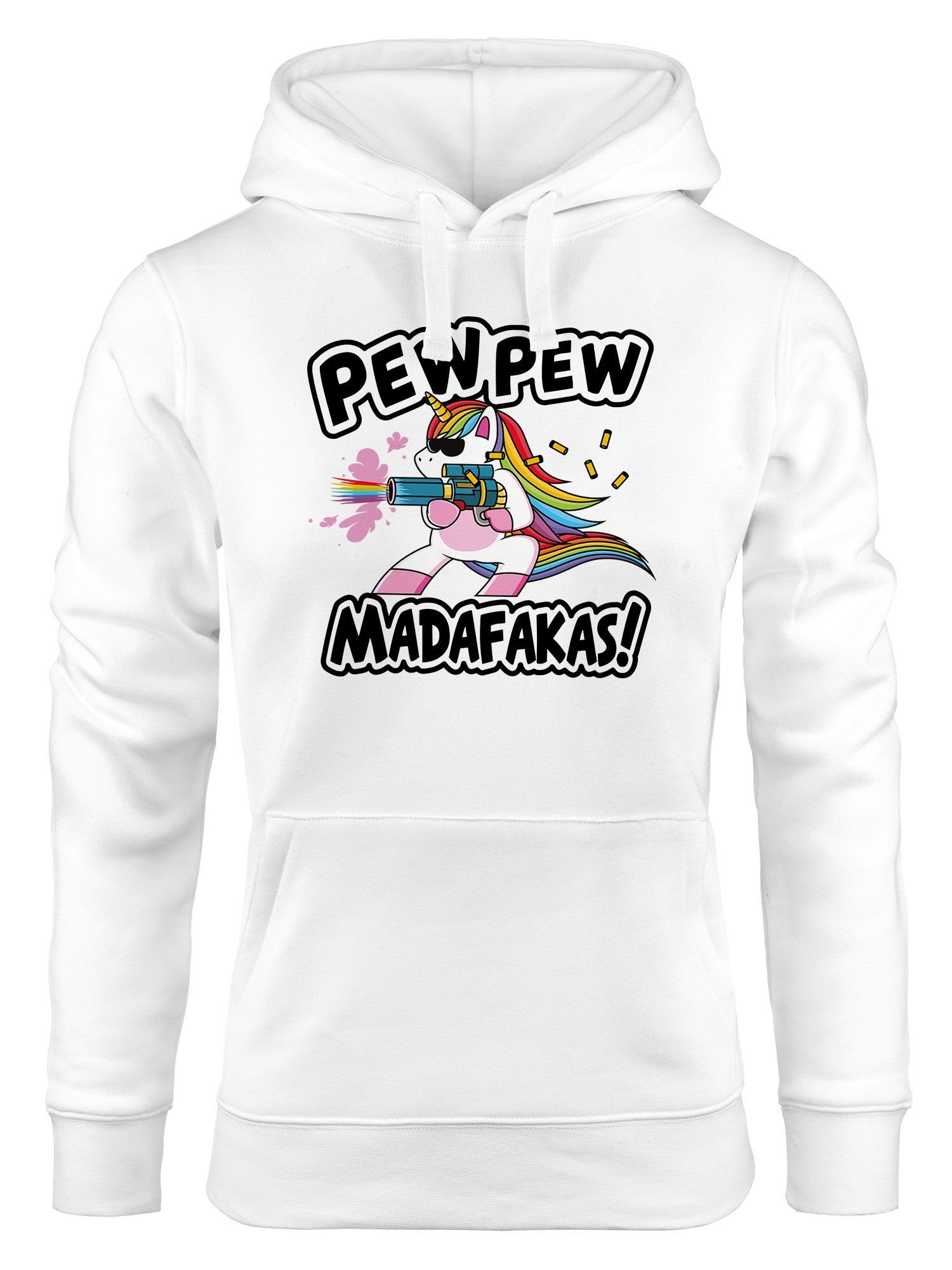 MoonWorks Hoodie Kapuzen-Pullover Damen Pew Pew Madafakas böses Einhorn Regenbogen Unicorn Hoodie Moonworks® weiß | Sweatshirts