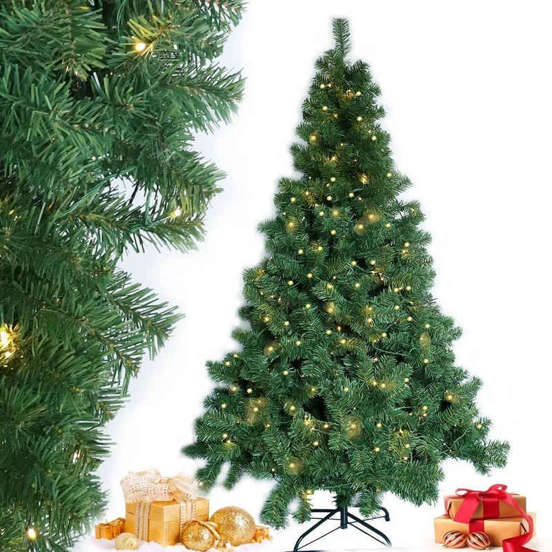 TAB Künstlicher Weihnachtsbaum Tannenbaum mit LED Beleuchtung 180cm/210cm, Christbaum, Edeltanne, mit 300 Warm-Weißen LED Lichtern, 180 cm mit 1080 PVC Spitzen und Metallständer