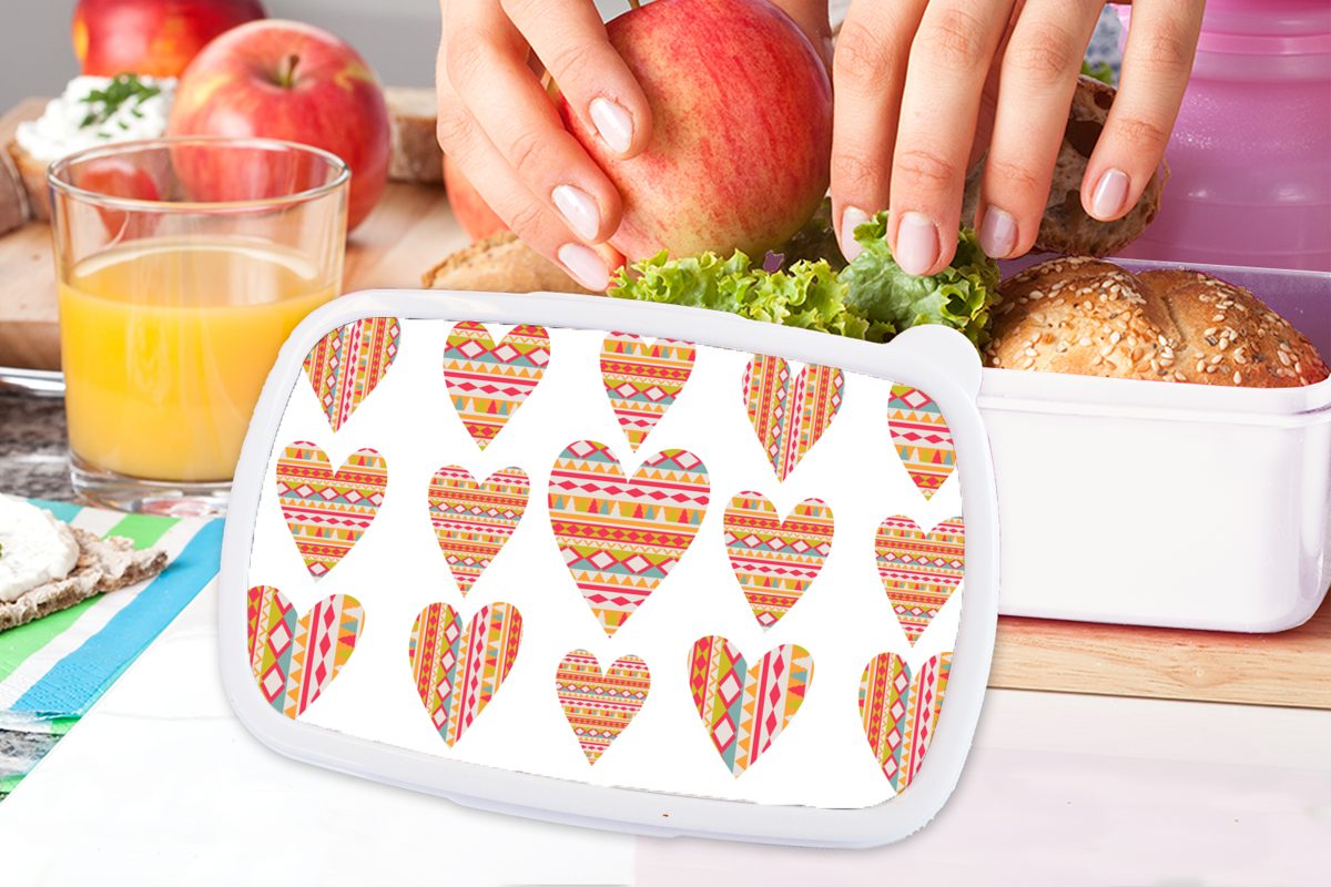 MuchoWow Lunchbox Herz - und - weiß für Jungs Erwachsene, Mädchen Muster, Brotdose, Brotbox (2-tlg), und Kunststoff, für Kinder Südamerika