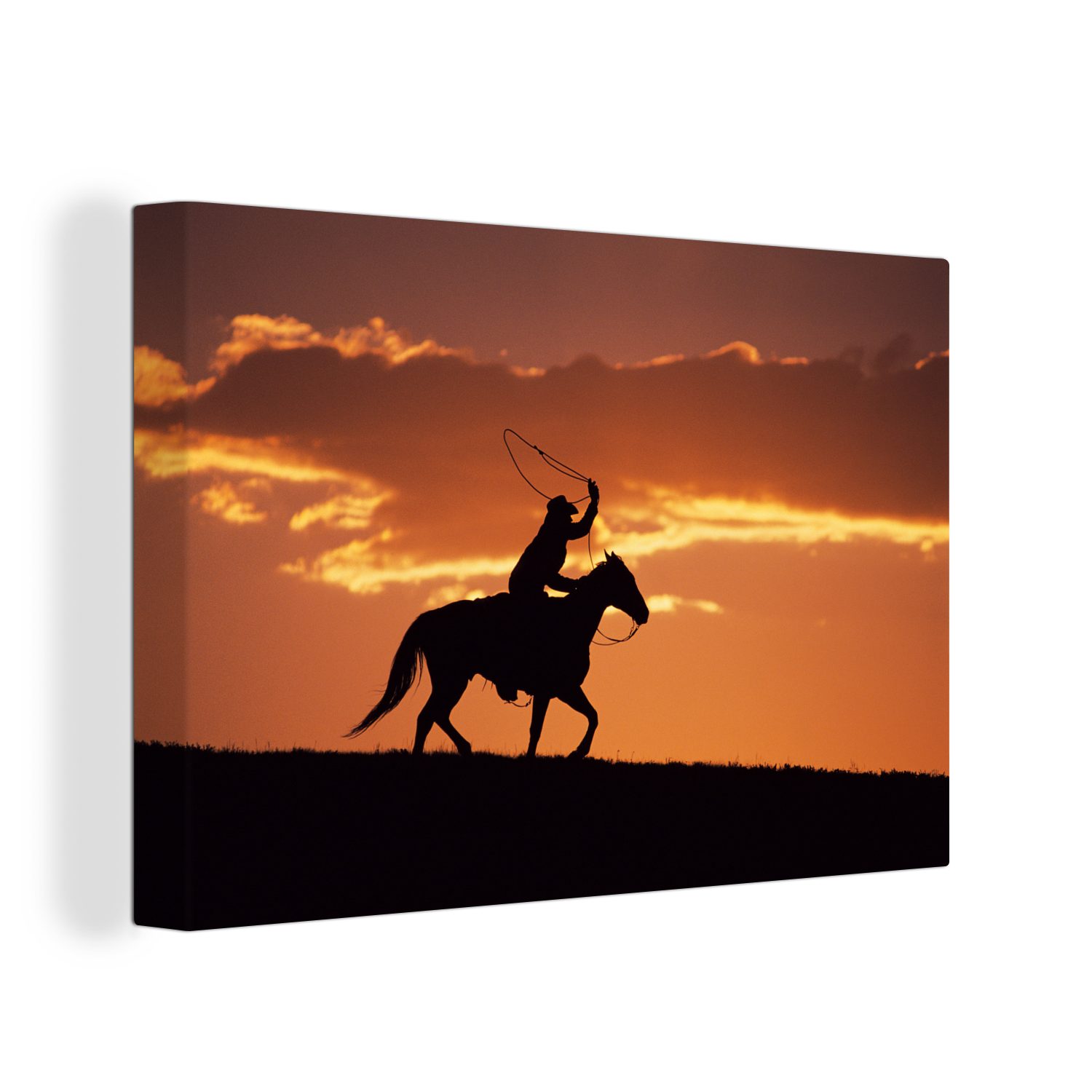 OneMillionCanvasses® Leinwandbild Pferde - Cowboy - Orange, (1 St), Wandbild Leinwandbilder, Aufhängefertig, Wanddeko, 30x20 cm