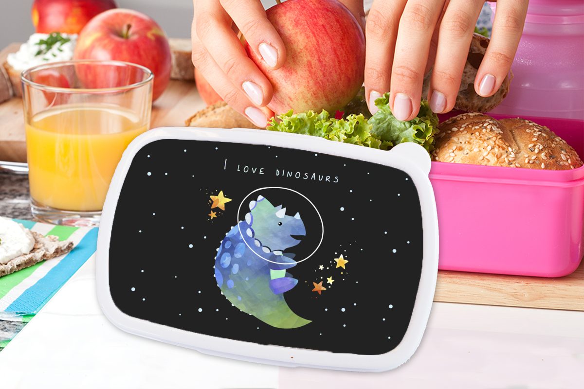 MuchoWow Lunchbox Brotdose - - Kinder, Jungen Zitate 'Ich - Brotbox liebe -, Kunststoff, Erwachsene, für Snackbox, Kunststoff Sprichwörter - Dinosaurier' Mädchen, Raumfahrt (2-tlg), rosa