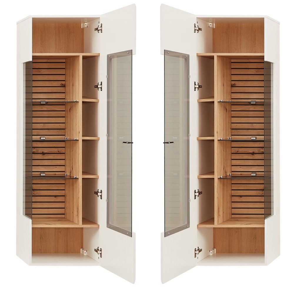 Lomadox Wohnwand FALLON-55, (3-St., Lowboard Wandpaneel Vitrine), Schrankwand Anbauwand, weiß mit Eiche, inkl. Beleuchtung