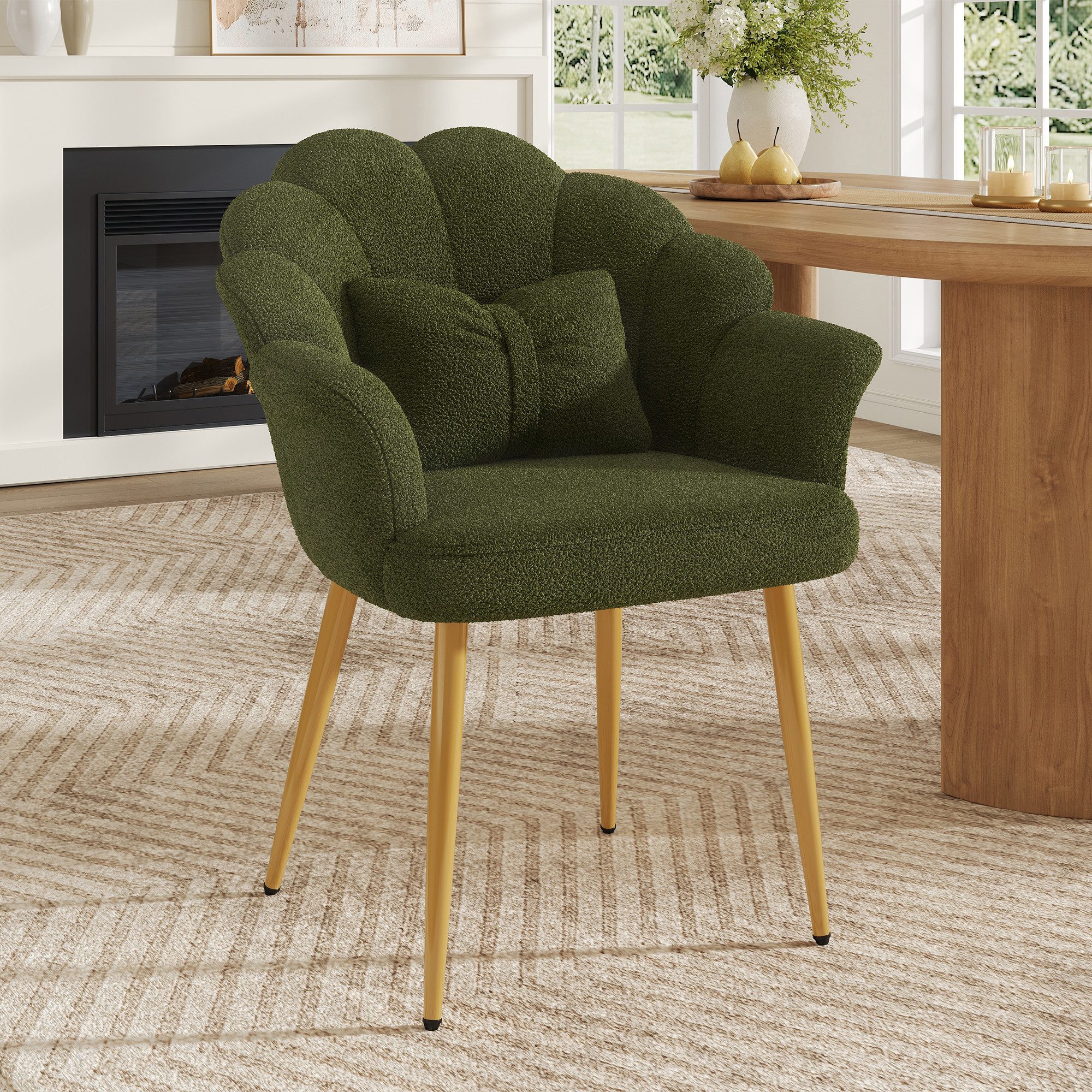 i@home Esszimmerstuhl 1er Set moderne Sessel, gepolsterter Sitz,Teddy-Stoff, 64x65.5x85cm (1 St), mit Blütenblatt-Rückenlehne, Schleifenkissen, Armlehnenstütze, Grün