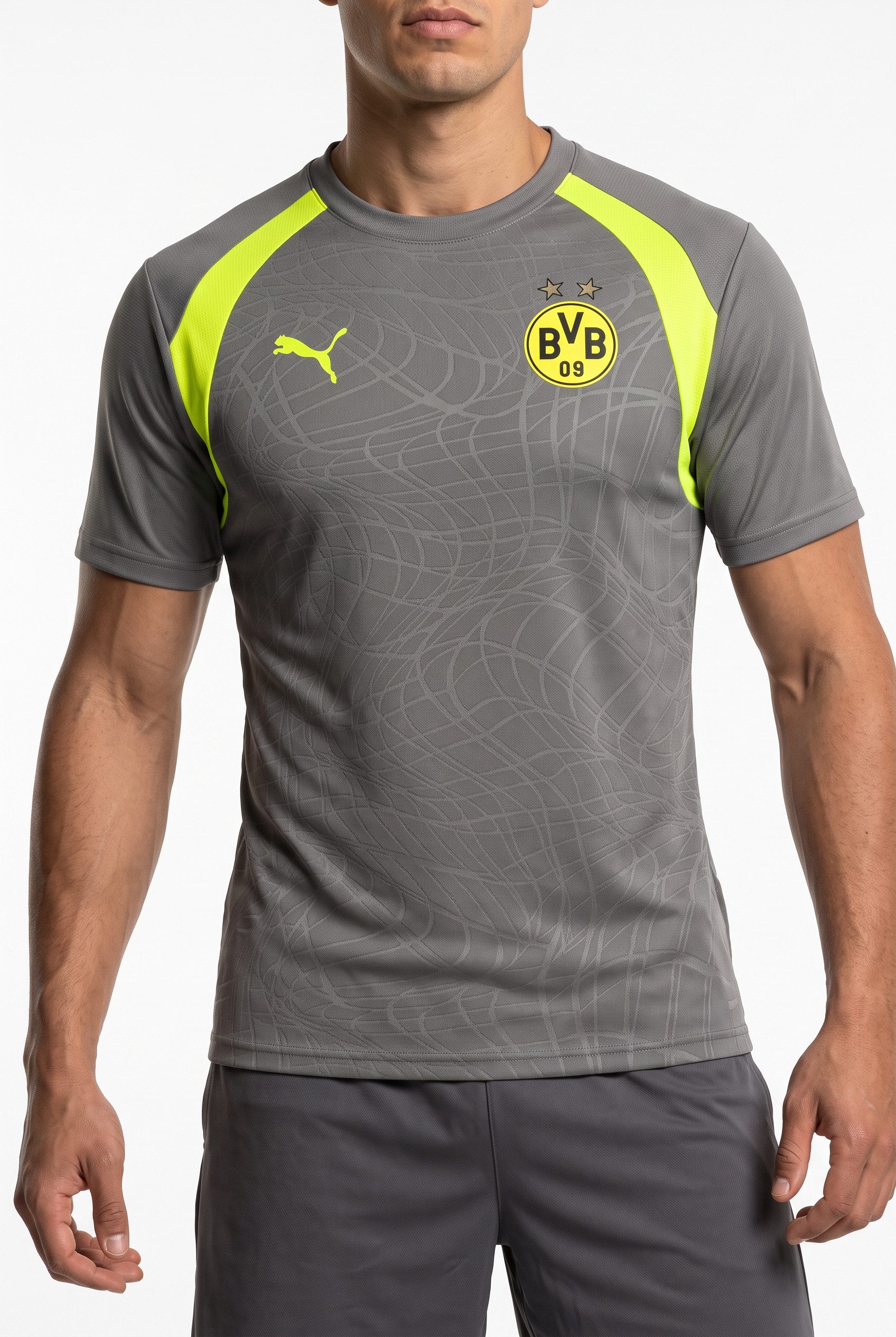 PUMA Fußballtrikot BVB TRAINING JERSEY mit sportlichem Stil, Kurzarmdesign, gemusterte Optik, Slim Fit