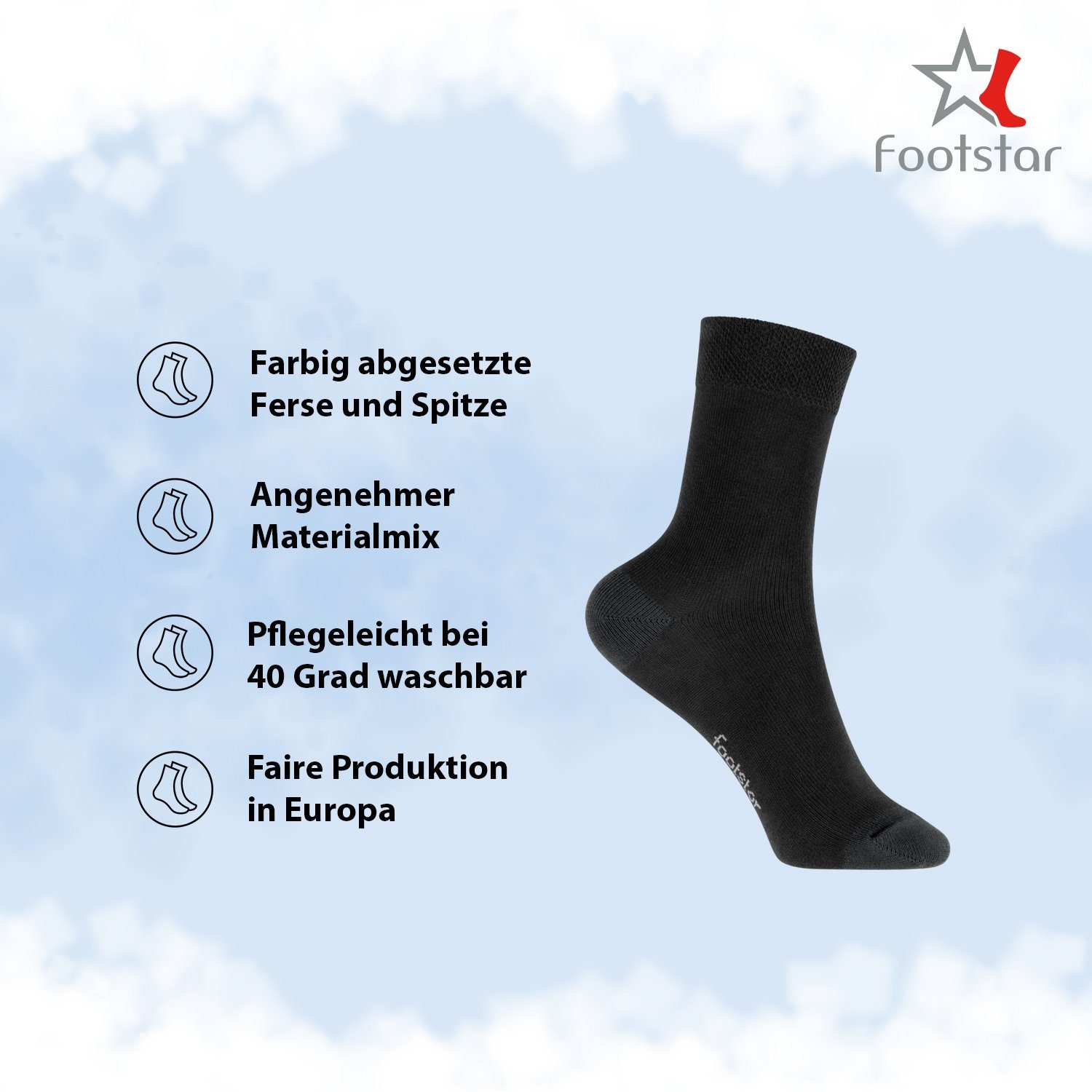 Footstar Basicsocken Kinder Baumwollsocken (10 Paar) Ferse & Spitze abgesetzt