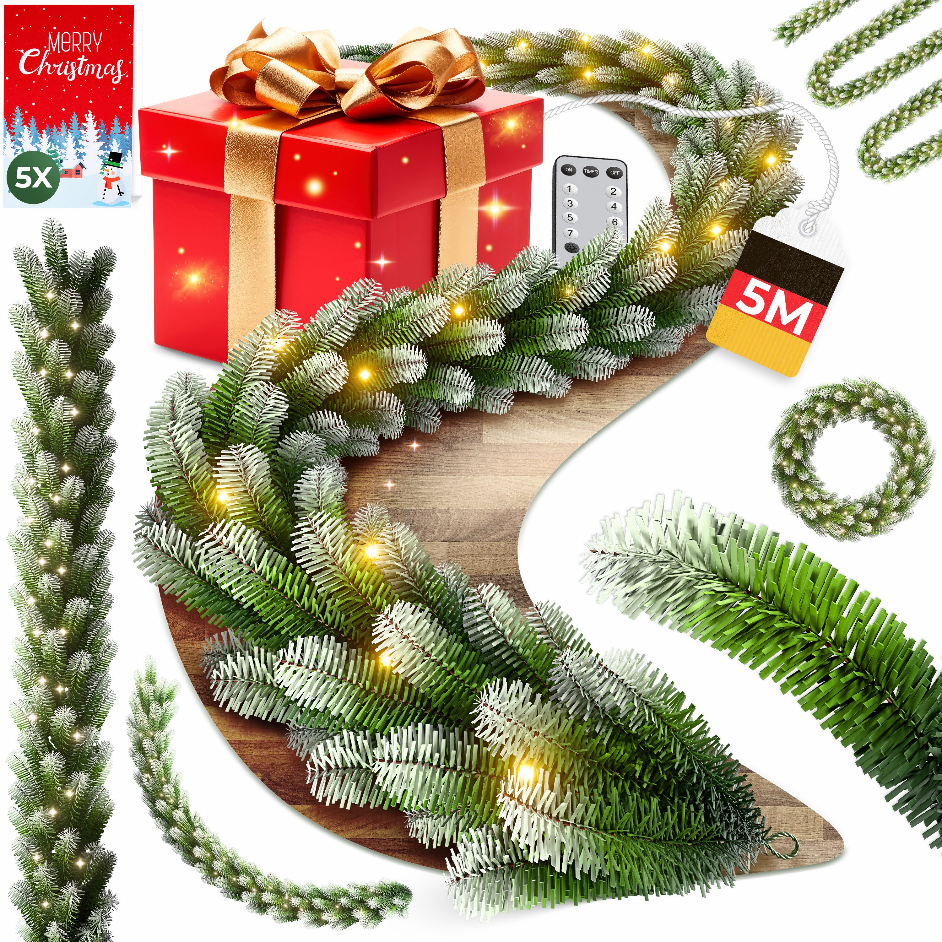Kunstgirlande Weihnachtsgirlande LED Girlande 5m, beschneit & inkl. Fernbed günstig online kaufen