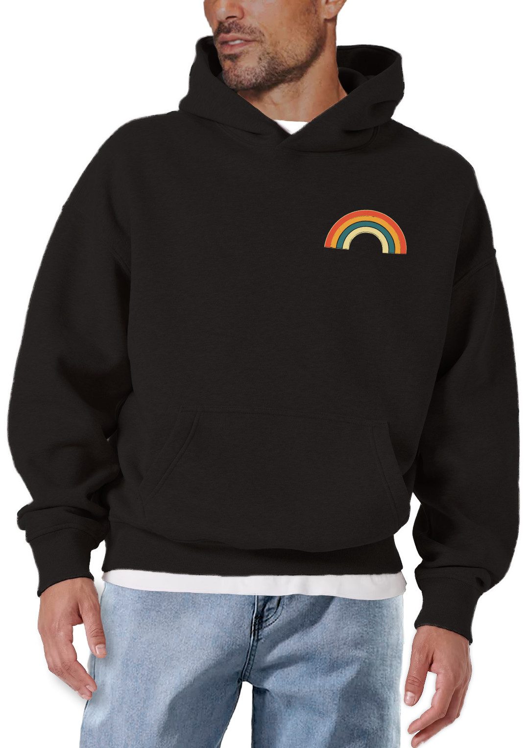MAKAYA Kapuzenpullover mit Regenbogen Streifen Vintage Motiv Regenbogenfarben Pastell (Schwarz, S, M, L, XL, XXL, 3XL, 4XL) Baumwolle