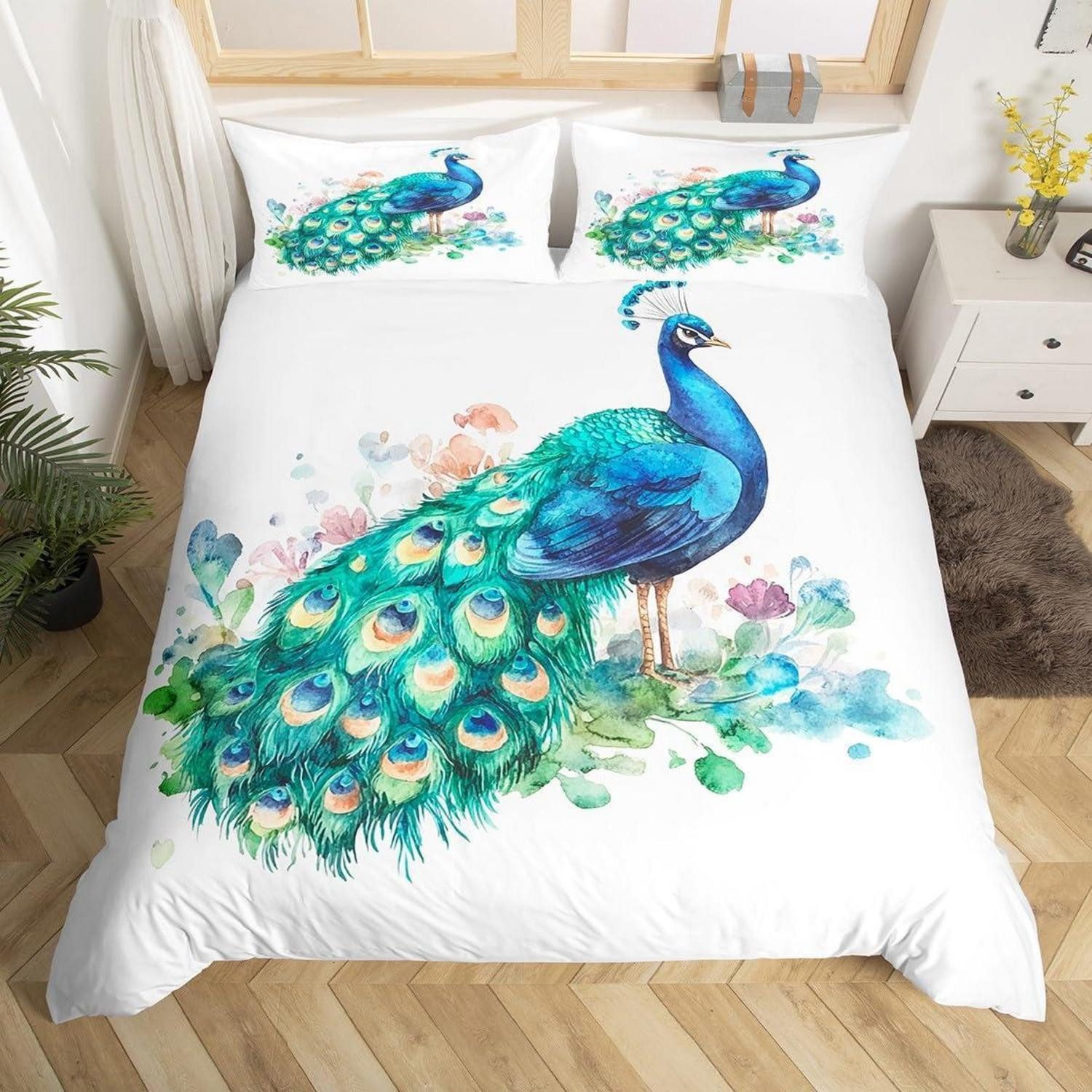 LuxusKollektion Kinderbettwäsche Bettwäsche-Set Pfau 135x200cm Blau Grün