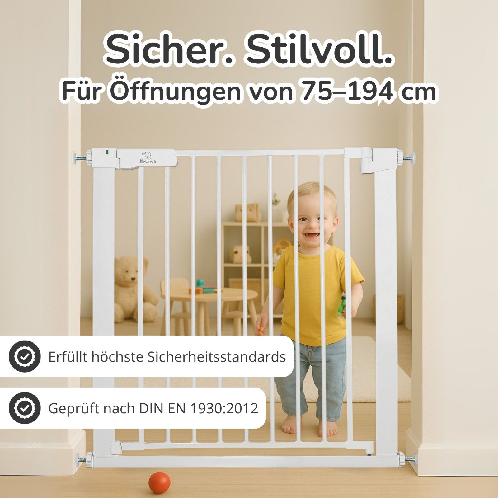 Bronea Treppenschutzgitter LUCA-M Treppengitter ohne Bohren Türschutzgitter ohne bohren (Türgitter ohne bohren Absperrgitter, 75-194 cm verlängerbar), 3-faches Schloss & Rot-Grün Sicherheitssystem, Auto-Close, 90° Stopp